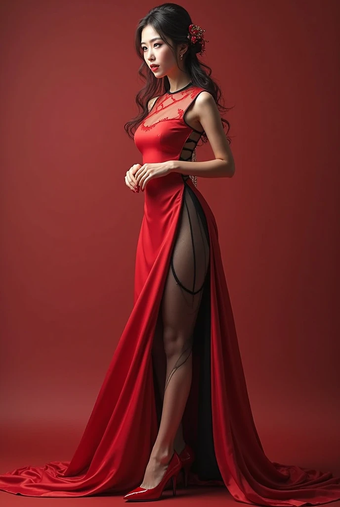 Asian woman mummified in red satin, mermaid-style, fabric clings tightly, immobile, full-body encapsulation, entirety of fabric about 7 meters in length trailing dramatically, overlong satin train, extreme detail on the texture of the satin, highlighting its reflective quality, cinched at the ankle, vibrant red against monochrome background, dramatic lighting, ultra realistic, high-resolution photography.