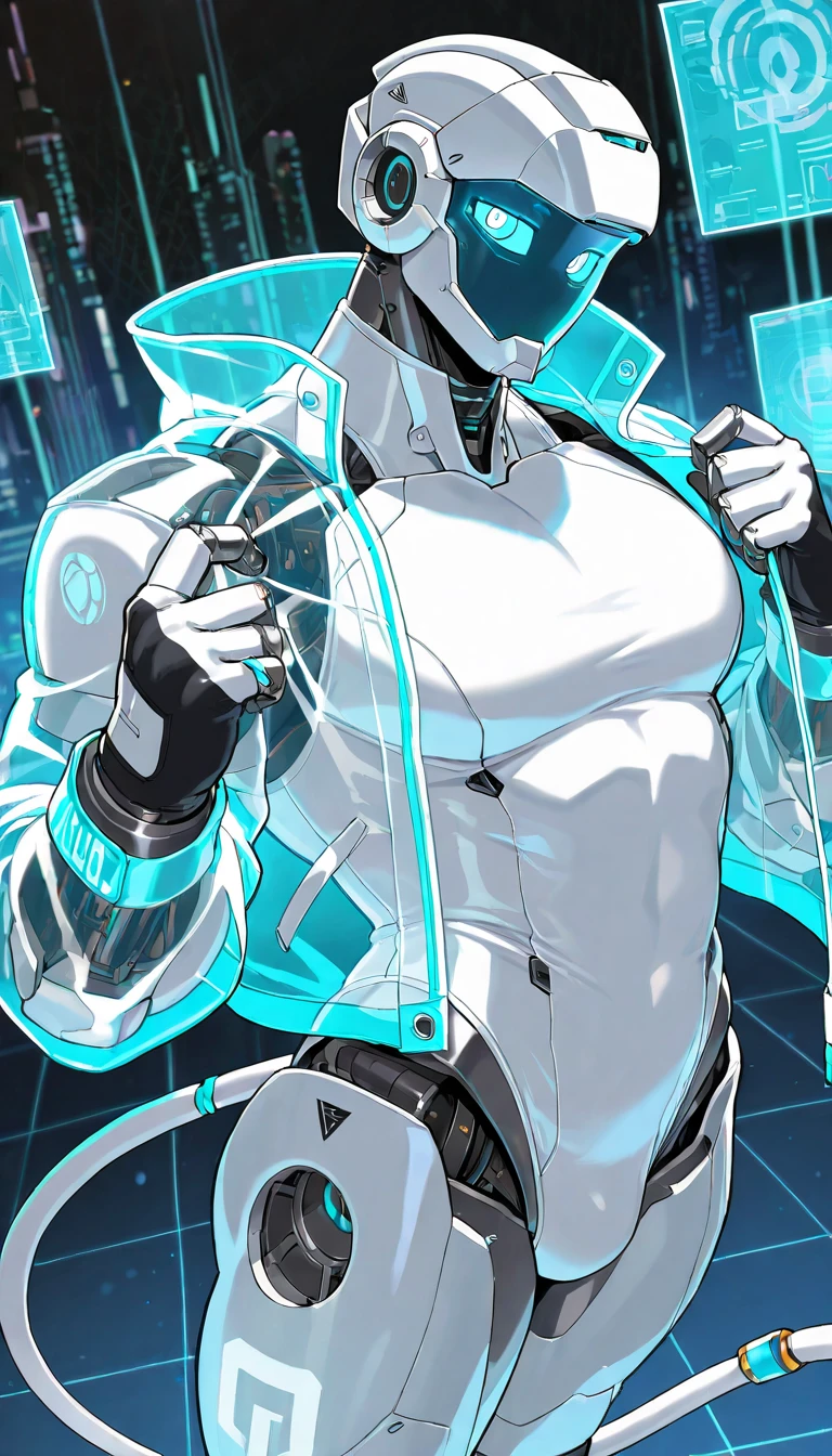 masterpiece, high detailed, solo , robot male, android, faceless mecha head, light blue sclera, white ring pupil, robot bara body, wearing transparent jacket, hologram display, dynamic angle, night club background, looking at viewer, fingerless gloves, cable tail, wearing white leotard,