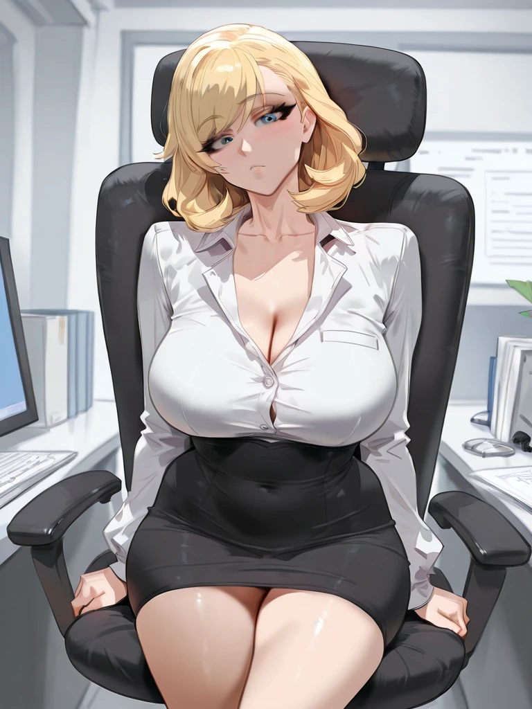(masterpiece, best quality, 4k, photorealistic, cinematic, ultra-detailed), wide shot, full body, perfect anatomy, curvaceous body, perfect eyes, perfect hands, large chest, long round legs, 1 girl, blonde hair, sitting in an office chair, cream cashmere sweater, dark navy tailored slacks, burgundy loafers, chic bob haircut, classic wristwatch