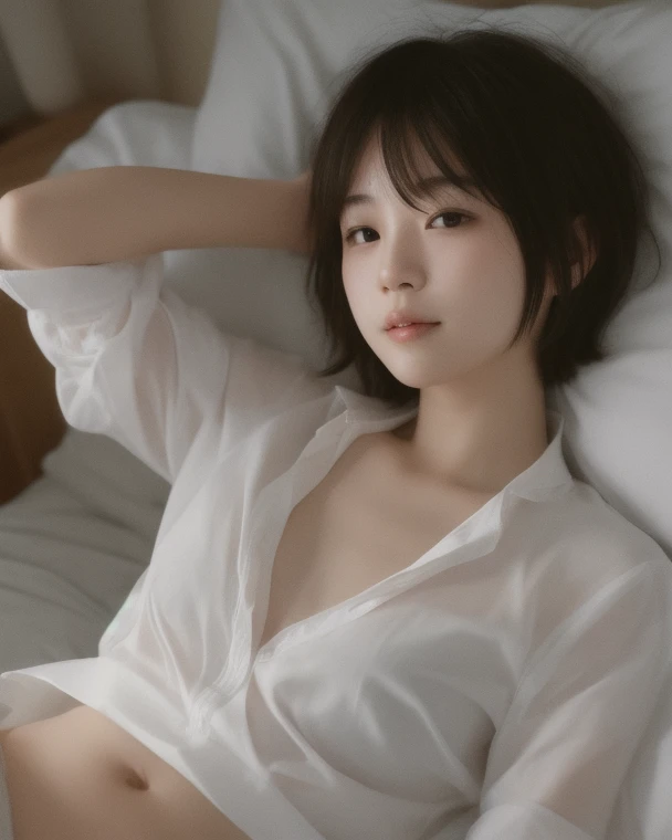 1 girl, Highest quality, masterpiece, Ultra-high resolution, (Realistic:1.4), RAW Photos, 1 girl, short hair, See-through spaghetti strap shirt, Cinema Lighting, Half Body Portrait, Half Body Shot, Bedroom, Naked but covered with a blanket, Shortcuts, capricious lighting, Enchanting atmosphere, Bokeh, Dreamy decor, capricious lighting, Enchanting atmosphere, Sleepy face, close your eyes, Lying on the futon, Hug with a pillow