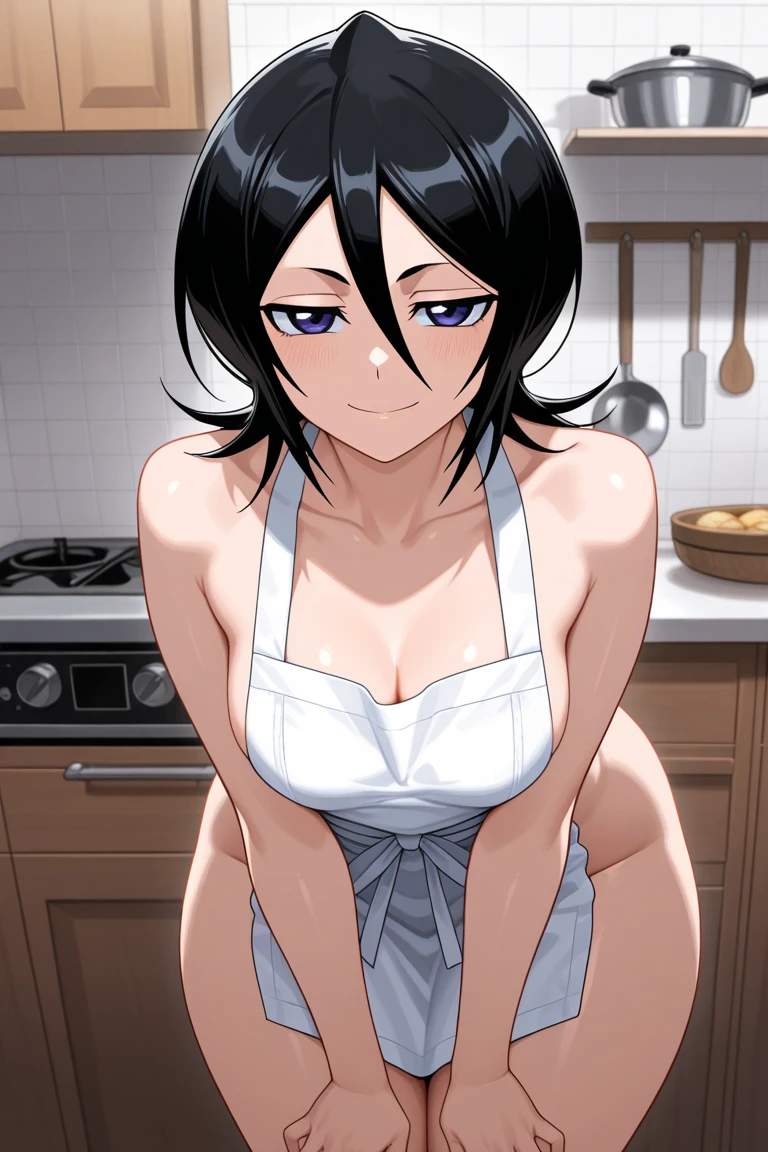 masterpiece, highest quality, saeko busujima face, purple hair, ponytail, liptint, shy, nice tits, nice body, athletic back , plump ass, from behind, looking back, toned, ass, sexy apron, luxury kitchen
