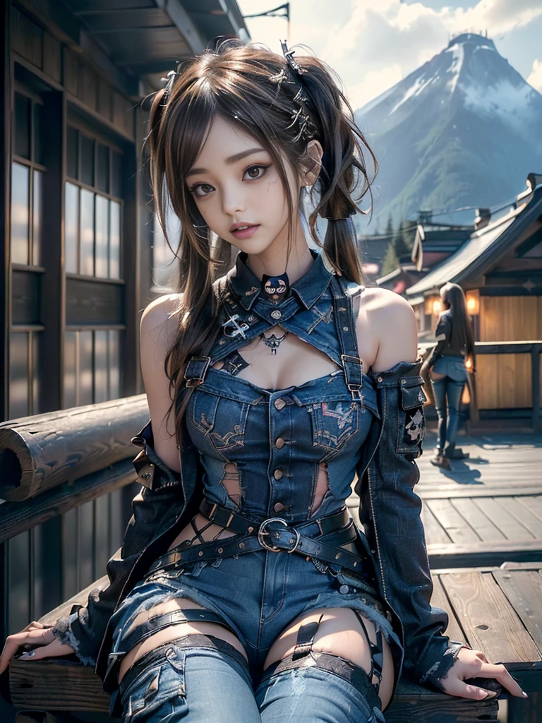 (Beautiful lips and nose:1.4)、(Long eyelashes:1.4)、(Smiling with teeth showing:1.3),(Shibuya Gal:1.5)、(Gothic Lolita delicately decorated dress:1.5)、(Tattered denim and black punk rock cargo pants:1.5)、(Denim and black navy skull mark small jacket:1.4)、(denim garter belt:1.5)、(Black and denim knee socks:1.3)、(Skull Silver Accessories:1.5)、(Denim collar:1.3)、(Brown Skin Belt:1.4)、(Brown boots:1.2)、(The underwear is striped:1.4)、31 years old、((Highest quality、In 8K、masterpiece:1.3))、Sharp focus:1.2、(Layered Cut、Huge boobs:1.1),Beautiful woman with perfect figure:1.4、(Dancing vigorously:1.3)、Slender Abs:1.2、Highly detailed face and skin texture、Detailed eyes、double eyelid,(Twin tails:1.3)、(Brown-golden hair:1.3)、Gravure idol、(The background is a vast mountain with a clear view々Beautiful luxury resort destination in Europe:1.3)、(Slim Body:1.2),(Make your legs thinner:1.4),(clavicle:1.1)