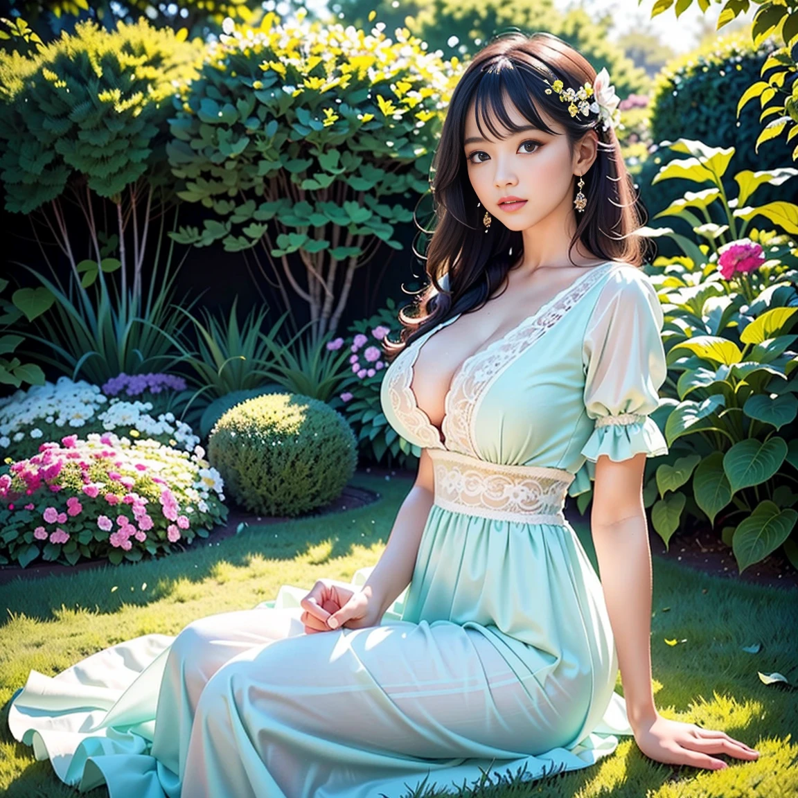 1girl,They wear a light green dress with sheer puff sleeves and a fitted bodice, tied with a light blue bow at the waist. The outfit exudes a feminine and sophisticated beauty, with a pearl necklace around her neck and flower accessories in her hair. The soft natural light creates a serene and elegant atmosphere, enhancing the overall composition. The background features floral elements and sheer curtains, adding an ethereal and springtime feel to the scene., (best quality,8k,highres,masterpiece:1.2),ultra-detailed,(realistic,photorealistic,photo-realistic:1.37),studio lighting,ultra-fine painting,sharp focus,physically-based rendering,extreme detail description,professional,vivid colors,,huge breasts,Nanami