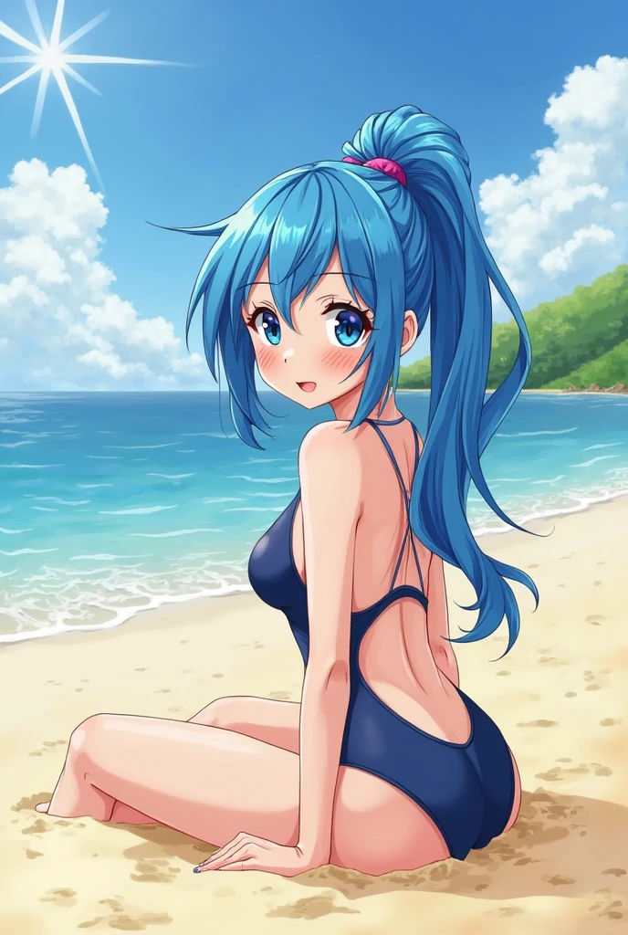 Anime girl in bikini standing on the beach at sunset, Wallpaper Anime Blue Water, Mikudayo, aqua from konosuba, Kantai Collection Style, at sea, anime moe art style, rem rezero, azure ocean, ??????????? loli, wearing a swimming wear, Lori, azure sky, in beach, Trending on ArtStation pixiv