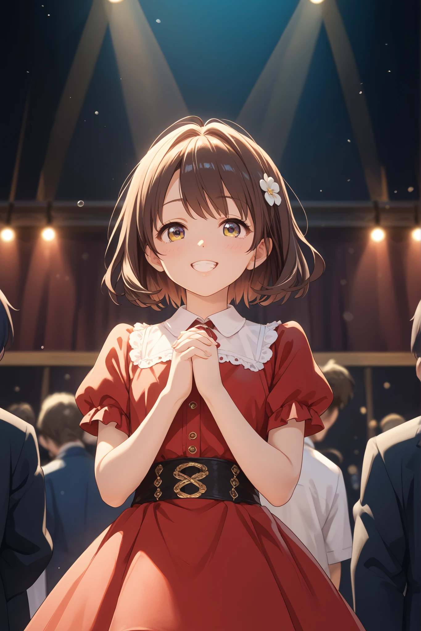 "A young idol girl with short brown hair in a red stage dress, standing under bright stage lights with tears streaming down her cheeks, hands clasped to her chest in overwhelming emotion, a cheering audience in the blurred background, spotlight focused, emotional atmosphere, anime-style"