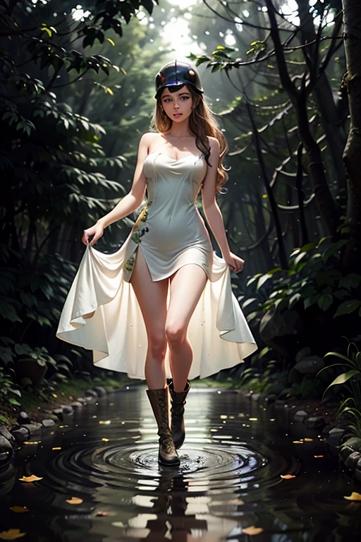 (Highly realistic image), Fantasy scene, Centerpiece, masterpiece, Ultra detailed, High quality, 4k, complex, expert, Center, (volumetric lighting), beautiful, dark masterpiece, (ultra detailed landscape ), (sharp landscape), (sharp image), (dark scene), (dark atmosphere). (1 pretty girl alone), sublime German, 25 years old, long and straight hair, (blond hair:1.5), hair in front of her eyes, (blue eyes), (skinny body), small ass, (big round breasts, huge tits), fine face, (seductive smile), luscious red lips, (large gold hoop earrings), she wears a (short tight-fitting silk dress), (white dress:1.5), (bare legs), (bare arms), (bare stomach), (deep neckline). (standing in front of one of the uprights of the stone arch, inside a forest where a small river flows, between the trees we see a stone arch inside which there is a portal to the underworld, the portal is powered by glowing filaments of blue mana:1.5). (View viewer), (low angle), (cowboy shot), (sensual dynamic pose), (perfect body), (perfect anatomy), (perfect hand),Nice legs and hot body, more detail