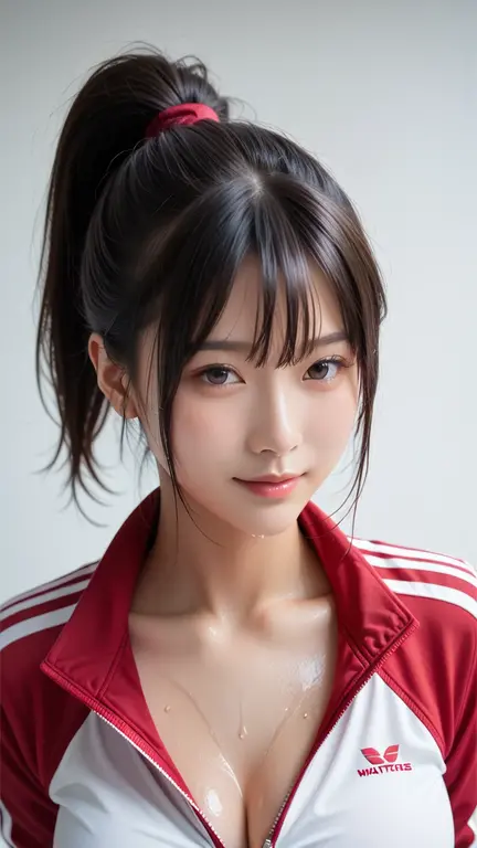 best image quality、超A high resolution、table top、photo quality(photo-realistic:1.8)、pores、Accuracy、japanese women、17 years old、girl smile、black haired、cute dimples、no makeup、Shortcut with hairpins、bobby pin、boyish girl、slender girl、みたいなsmall breasts 、small breasts、 、flat breasted 、vast university gymnasium、high ceiling、light from the ceiling、[gymnastics、average platform、屋内gymnastics競技場、red leather catsuit、high leg cut、Translucence of nipples、 sticking out、camel toe、open your arms、birth of venus、smiling face、Please smile often、facing the front、naughty angel、