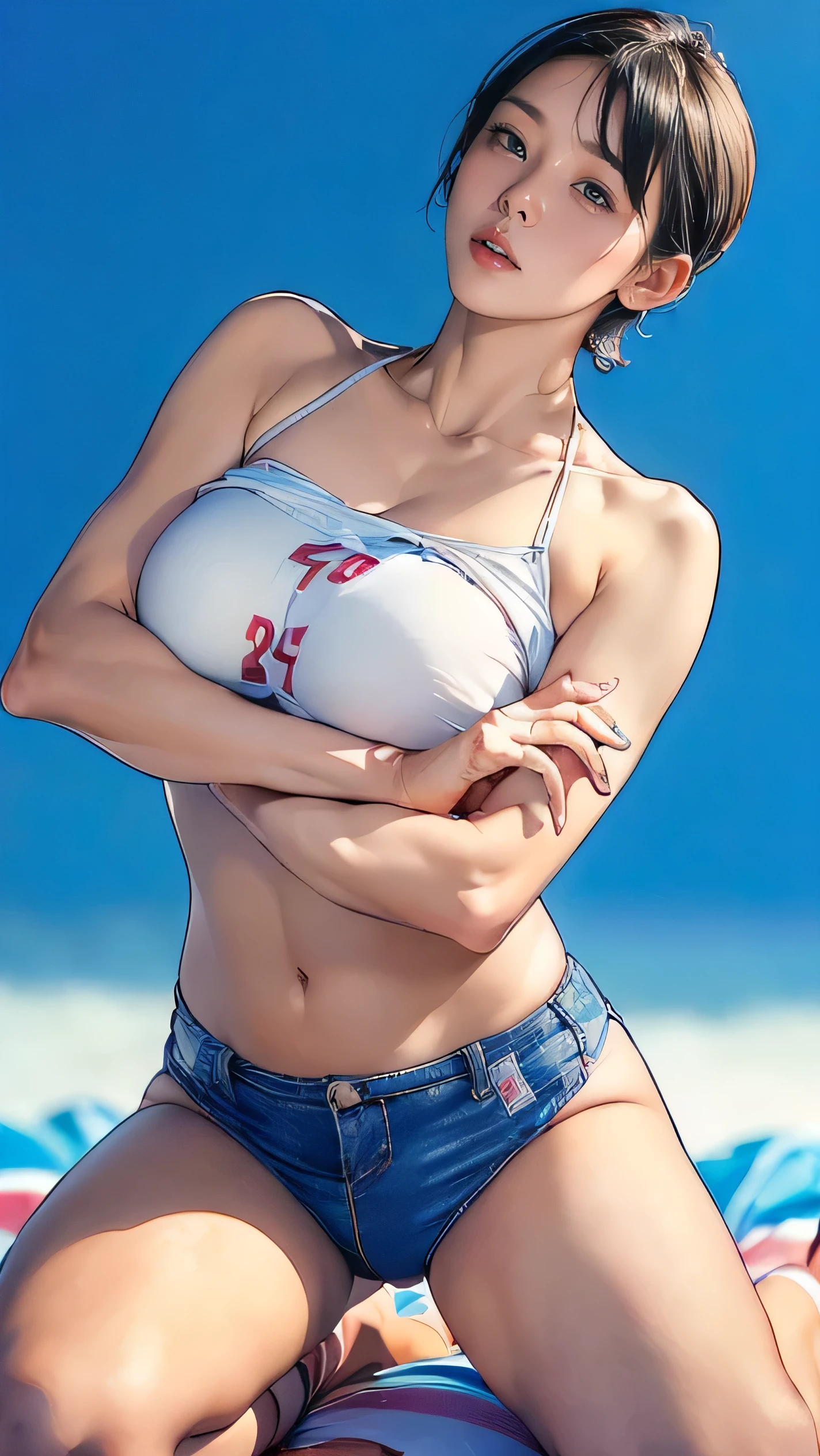 Fille sexy, large breast, sun set, seductive, chemise blanche, opened shirt, bionde, blue eye, detailed eyes, hourglass _forme du corps, ultra detailed, 4K Ultra HD, smiling, flirty smile, blushes, jewels, bikini sexy, beach
