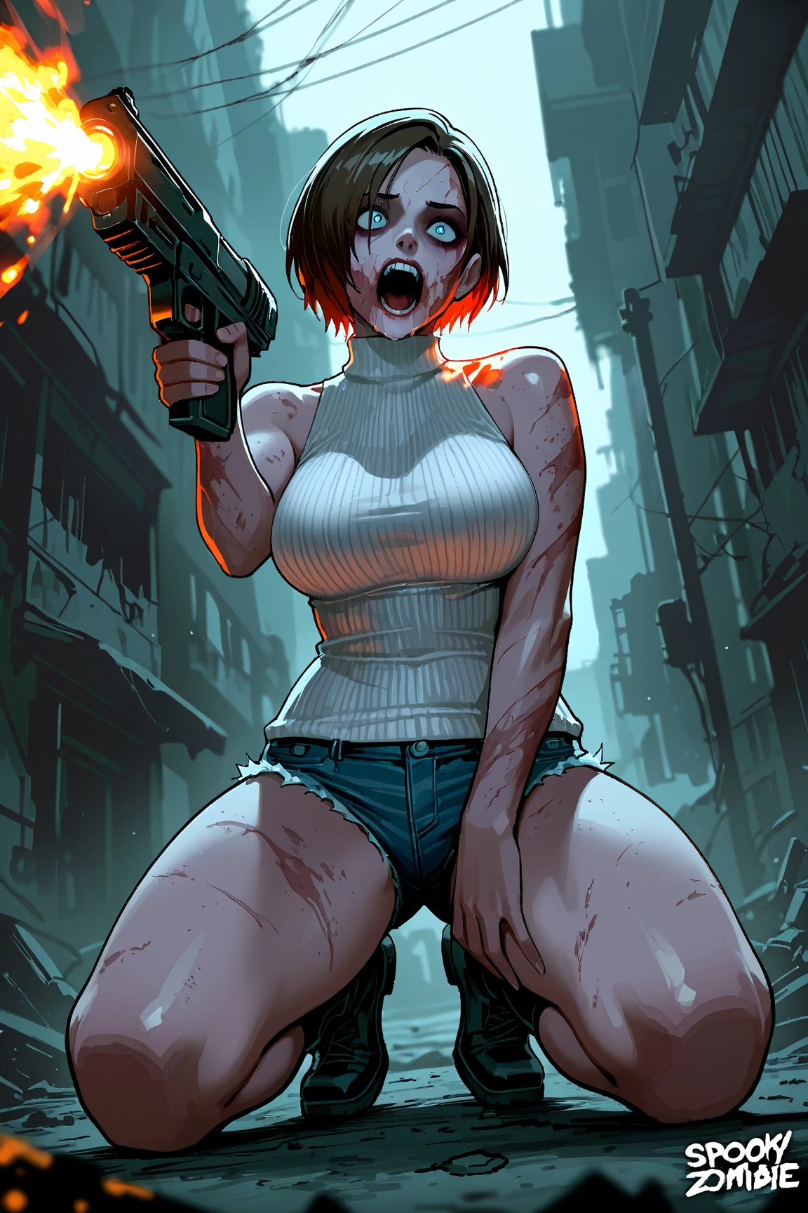 create a digital painting, 4k, JIM EIDOMODE, GTA Style + 3D Rendering, GTA loading screen, gta art, (((Alone))), 1 girl, 1 girl, alone, half-length portrait, Portrait of Maggie from TWD , Lauren Cohan's face, (((clothes covered in blood))), ((angry face)), (((holding the knife in her hand))), meggie costume from The Walking Dead, clothes style The Walking Dead , (((night, night))) , highly detailed, Defined face, ((hot body, hot girl, sensual, sensual))), Comic, The style of the walking dead. (((a destroyed city background with zombies, zombies)), Horror, disgusting. hyperrealistic, unreal engine 5.