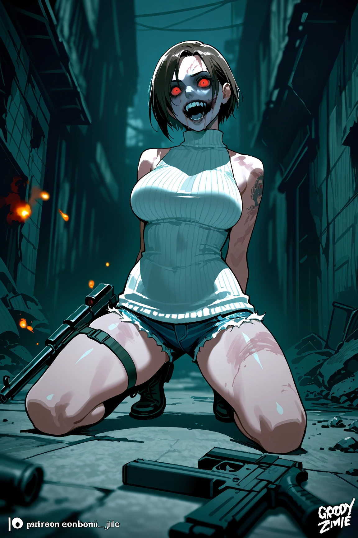 (masterpiece, best quality)
SilentHillNurse, `Masterpiece in high-resolution 4K, inspired by Silent Hill style, highlighting an atmosphere of terror and macabre horror. | In a rain-drenched, devastated nocturnal hospital, a 30-year-old woman, dressed in an all-white nurse outfit, stands in the center of a chaotic scene. Her (medium_breasts:1.5) are encased in a tight and torn outfit, soiled with mud and blood. With short blue hair, voluminous bangs, and two pigtails, she stares directly at the viewer. Her yellow eyes convey innocence, while a large malevolent smile dominates her face. The surroundings are eerie, with destroyed hospital structures, rusty machines, demonic altars, and the threatening presence of demons, zombies, and monsters. | The composition highlights the woman as the central element of the scene, with the camera positioned to accentuate her impactful presence. Sinister lighting emphasizes macabre details, creating a terrifying atmosphere. | Scene of a demonic nurse in a destroyed nocturnal hospital, surrounded by demons and zombies. | {The camera is positioned very close to her, revealing her entire body as she adopts a terrifying_pose, interacting with and leaning on a structure in the scene in an exciting way} | ((perfect_pose)), She is adopting a ((terrifying_pose as interacts, boldly leaning on a structure, leaning back in an exciting way):1.3), ((full body)), (perfect_fingers:1.0), (perfect_legs:1.0), better_hands, More_Detail