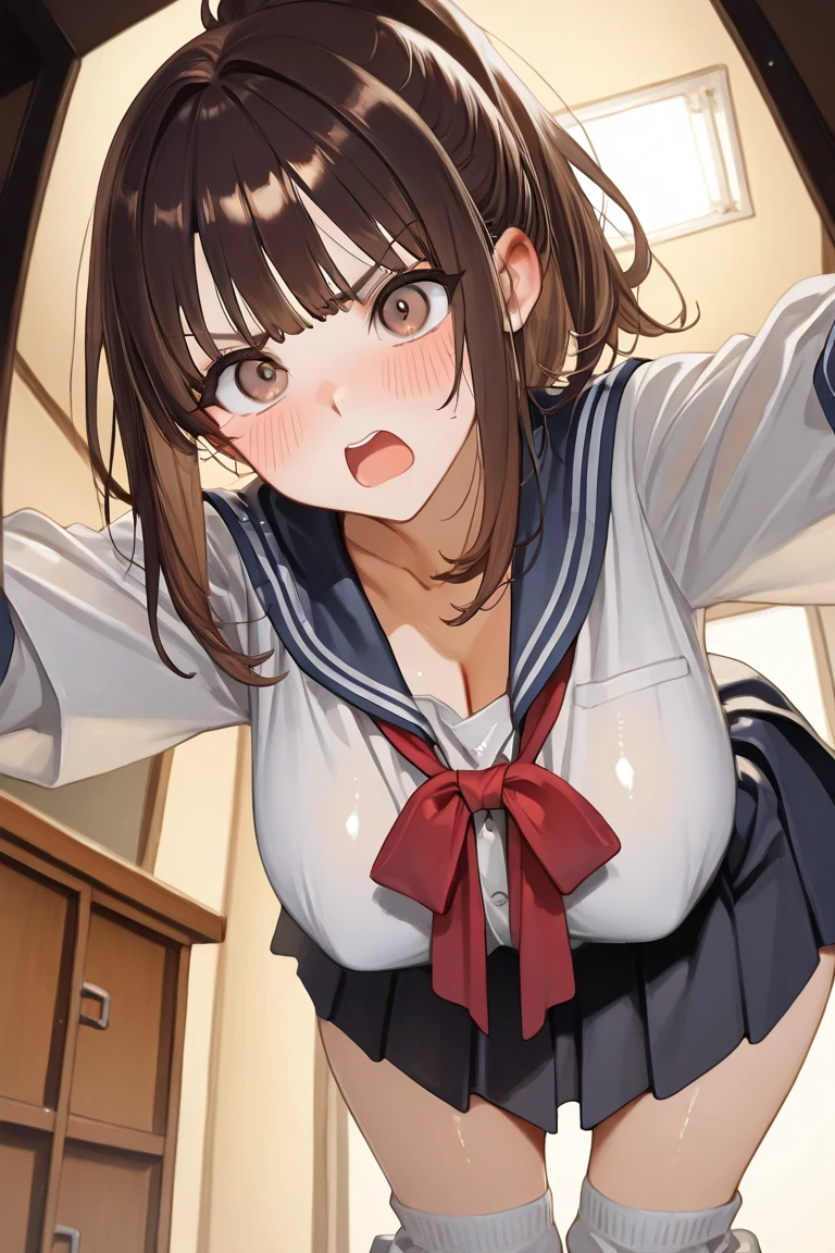 A girl in a sailor uniform, pink panties and pink bra with erect nipples, short black hair, small breasts and pale pubic hair, crying in disgust as her breasts are grabbed while she stands in a Japanese-style room. Her hands are tied behind her back with rope.、From head to ankle