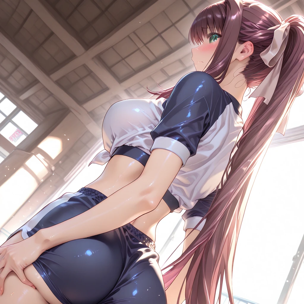nsfw,Browsing Caution,From the back,((Subjective hand:1.3)),((Spanking:1.3)),((Perfect ???????:1.5,Realistic,:1.3,Raw photo:1.3,masterpiece、highest quality、Ultra - High resolution、High resolution、Extremely detailed CG、8k)),Cowboy Shot,1 female,alone,profile、20 year old beauty,(Beautiful and exquisite face and eyes,Big and beautiful eyes),Bright blue eyes,(Blonde Hair,ponytail,Long Hair,bangs),(Small Head、Glowing Skin,Oily skin,Shiny skin),((School gym clothes,Tight Bloomers,White Stockings,Light pink panties)),alley、人気のないalley裏、Graffiti art、Tokyo、????? nipples:1.5、Crouch、((Huge Breasts:1.2、Wide hips:1.5、obesity:1.1))、(Overflowing ??? Fluids:1.5)、???:1.5、looking at the camera