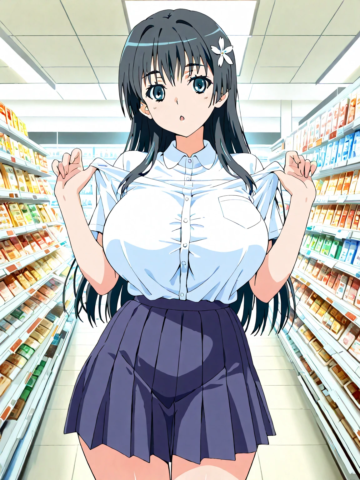 shizu murasame, long hair, blue eyes, black hair, sidelocks, hime cut, bangs, blunt bangs,, empty eyes Running, wearing nothing, big anime eyes, , shiny hair, bare-skin, navel, the groin, BREAK in front of convenience store, large breasts、 Nipples, nsfw, nipple , Heavy snowfall