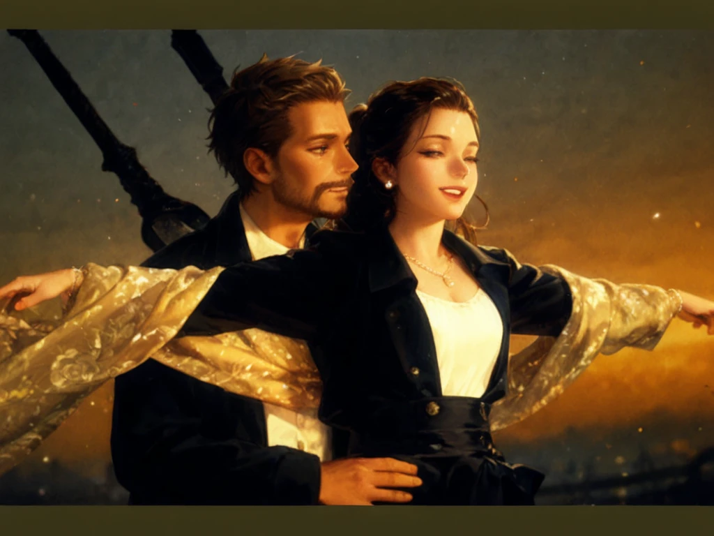 They were on a boat with a man and a woman, Titanic, Titanic sails near, filming the Titanic sinking, Adventure and romance, [ Movie, Titanic ship exterior, On the ocean, 1995 Film, the Titanic is sinking, At sunrise, Beautiful scenery, set sail, oscar winning, on the bow, on the sea, on board，painting