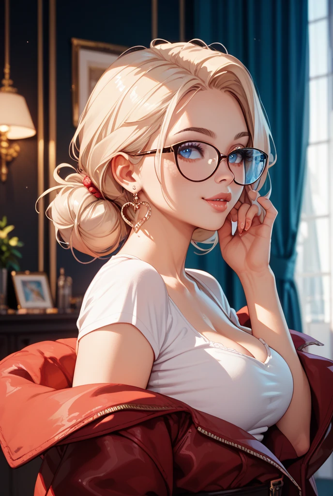 score_9, score_8_up, score_7_up, score_6_up, anime_source, thicc female lawyer, from front, bending forward, leaning on a table, lawyer robe, deep cleavage, blonde hair, hair bun, blue eyes, glasses, necklace, busty, 