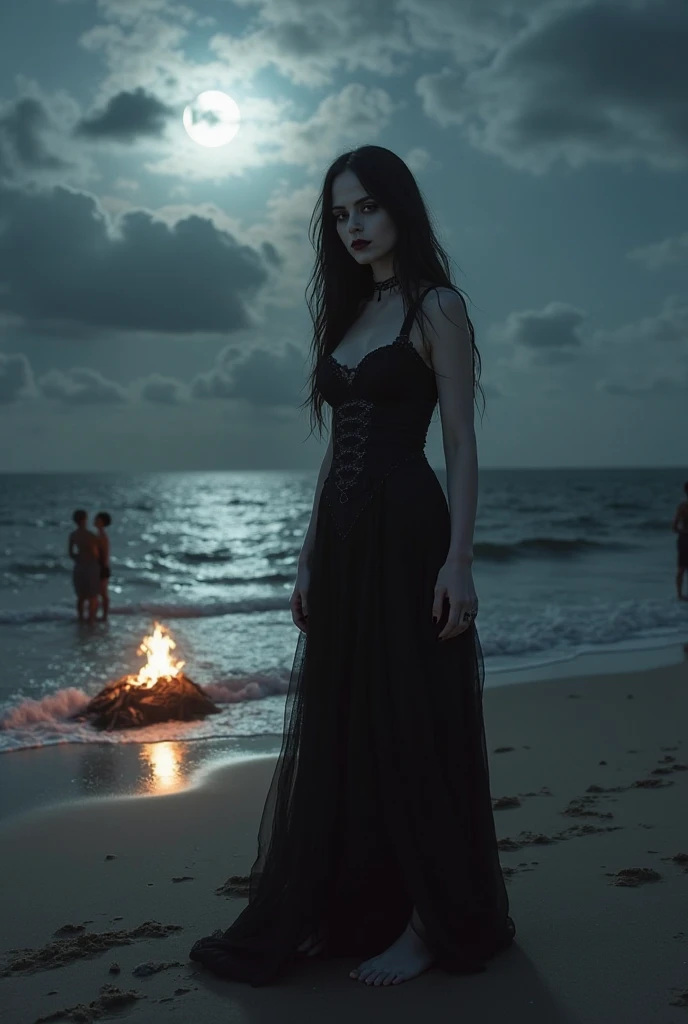 image creepy. contre plongée. une femme gothique de dos avec une combinaison en cuir. en bas de son dos, il y a une bouche aux dents pointues. elle est sur une plage de nuit, entouree de bougies noires. dark fantasy