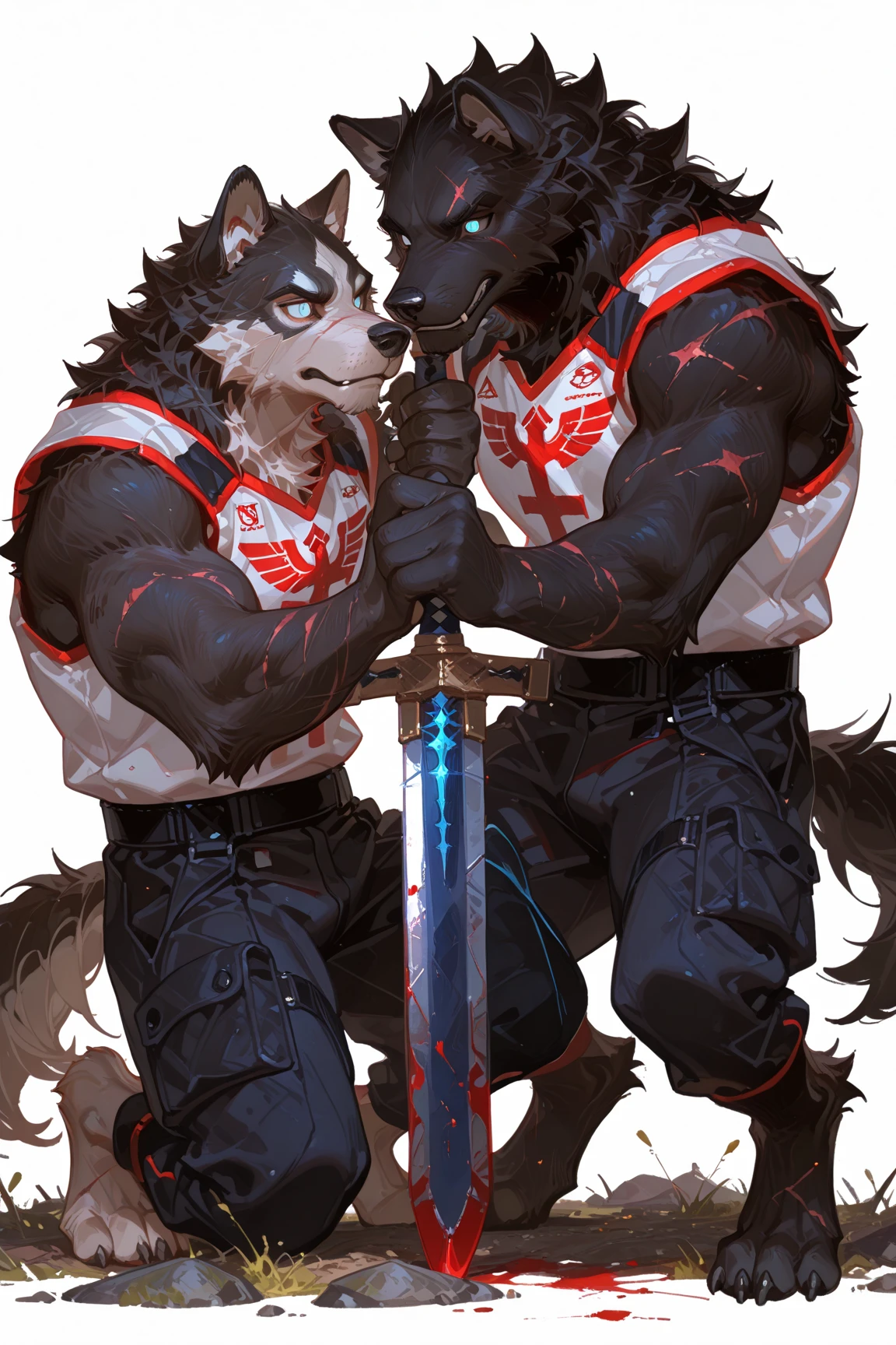 Couple of Sexy young anthro furry wolf male mercenary medieval soliders, they have gay anal sex, dick in asshole, dick erection, cumshoot cum, slim slim muscular, anthro handsome gay shorter muzzle, handsome gay model male apperance, sword scars, worn out leather skimpy armament, low on hips heavy leather belt, old very worn out skimpy dirty linen material jockstrap, old yellow dirty worn out stains on white sawn jockstrap, very visible "x" brown seam pattern on the jockstrap, studded skimpy armlets breastplate armor, skimpy breastplate, leather bondages, fingerless leather gloves, smelly unwashed furr, dirty body look, desert battlefield, standing in sexy fighting position, close view of full character