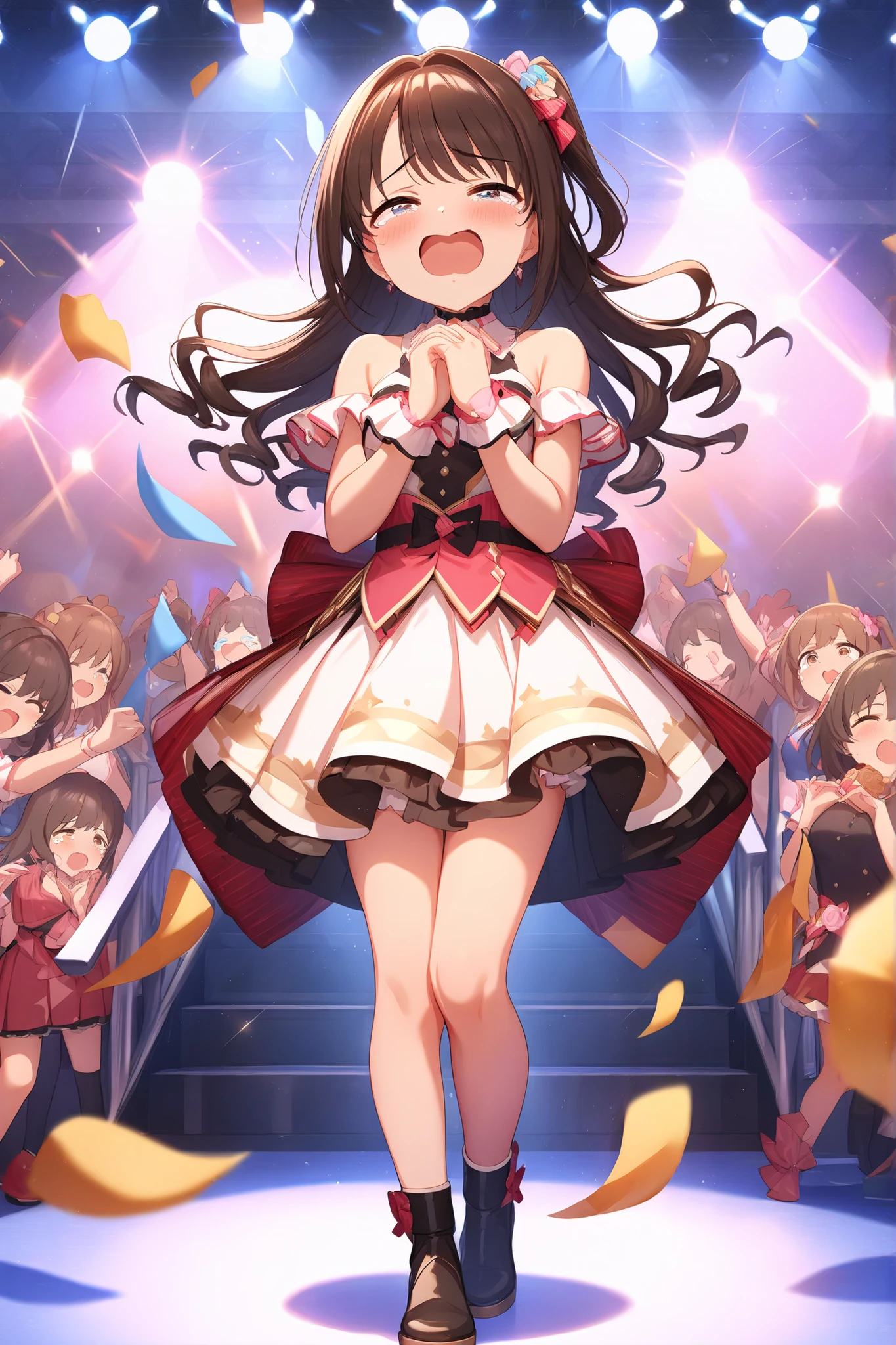 ((((masterpiece)))), high quality, very_high_resolution, large_filesize, full color,full body,(1 girl),Japanese、島村卯月、Uzuki Shimamura、A young idol girl with short brown hair , standing under bright stage lights with tears streaming down her cheeks, hands clasped to her chest in overwhelming emotion, a cheering audience in the blurred background, spotlight focused, emotional atmosphere, anime-style