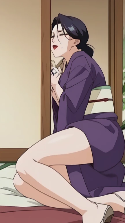 Kanao tsuyuri (demon slayer),1girl, black hair , purple eyes, anime style, cape,butterfly hair ornament, breasts, vagina, 1boy, hetero, penis, sitting, sex, cowgirl position, butterfly mansion(demon slayer), super happy, naked