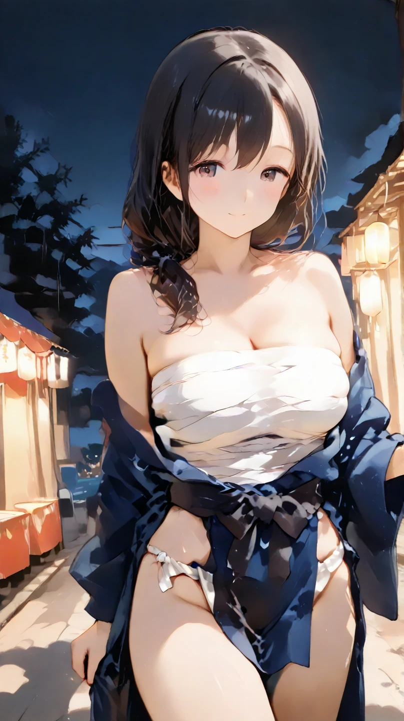 (High quality, High resolution, Fine details, Realistic), Beds in hot spring inns,lyin in bed、 ((Night)), cloud, Solo, curvaceous woman, (Short kimono), White panties、Sparkling eyes, (Detailed eyes), bending forward(Smile), blush, Large breasts, Sweat, Oily skin, Thigh, Puffy nipple、(running pose), Shallow depth of field、Long Wave Hair、dark brown hair