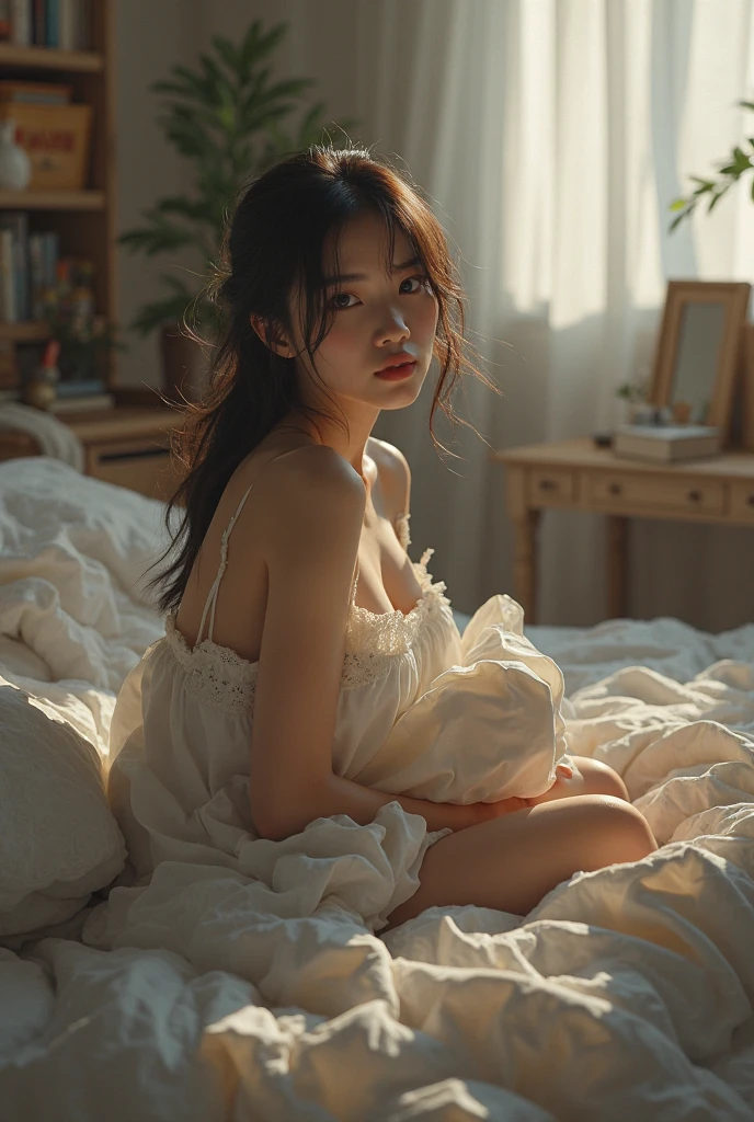 a beautiful tanned japanese woman wearing broken white satin pajama with messy bun hair highlighted brown, seen daydreaming on her glittery cozy fluffy messy glittery soft pink sheet bed, pink fur blanket, broken white wall in her room with paintings on the wall and pink rose petals on the bed too, glitters and particles and nice lighting, UHD, HDR, 8k, Masterpiece