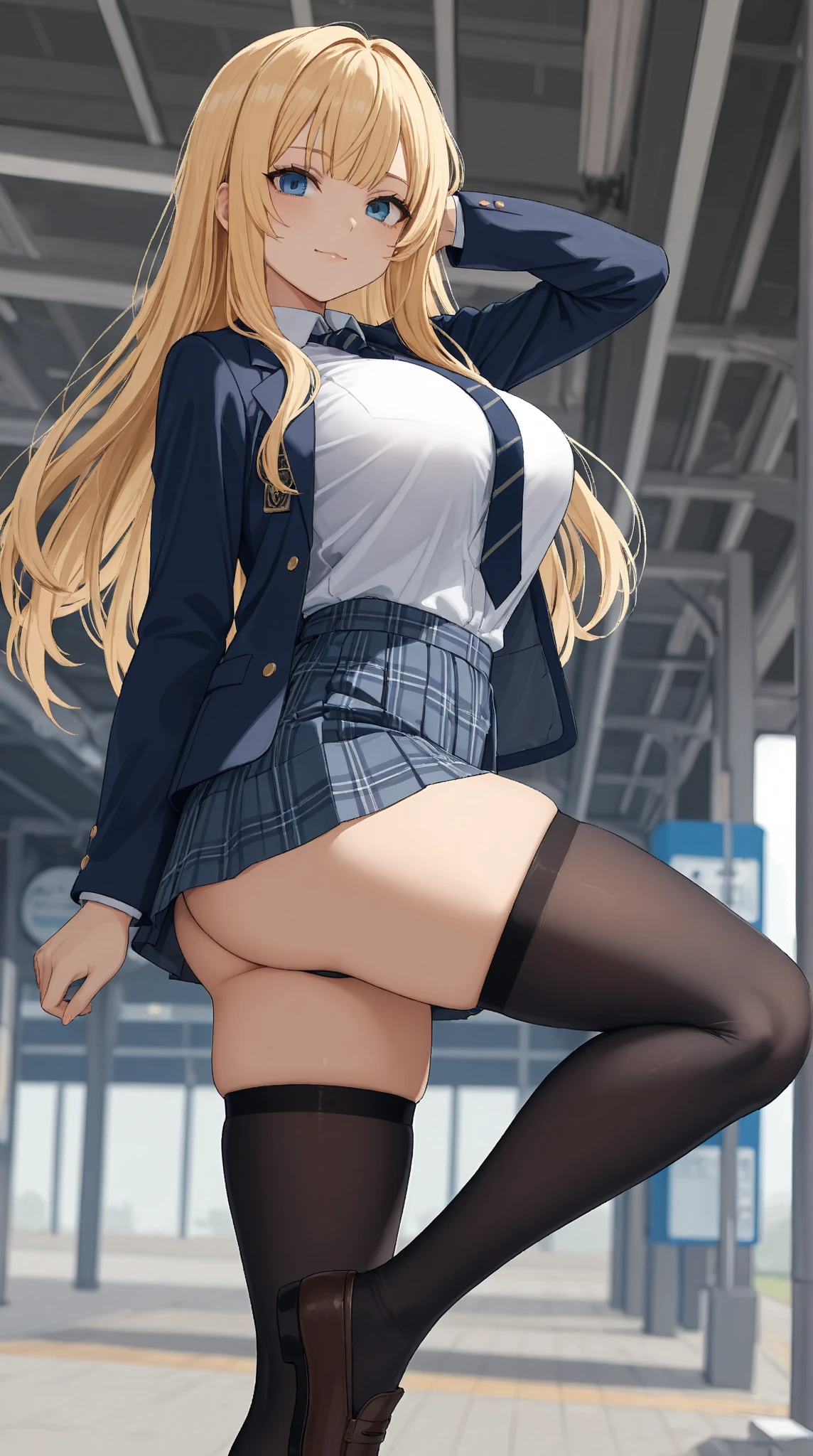 ((highest quality)), ((masterpiece)), (detailed), Perfect Face,Embarrassed,Puzzled,beautiful girl,high school girl,city,Being outdoors,White shirt,see through,,Checkered mini skirt,hairpin,Blonde,Black Pantyhose,(((oiled skin))),(((From below))),huge breasts,Checked tie