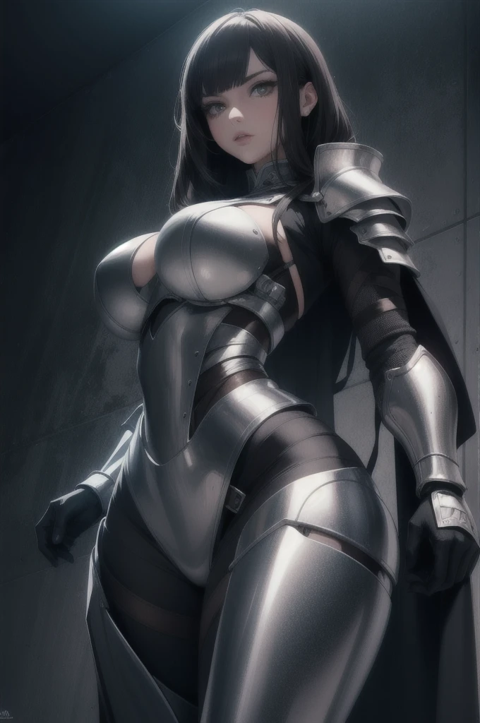 (ANIME ART STYLE), Kurihara Mari from prison school, black long hair, grey eyes, blushing, joyful expression, (wears robotic Armor, cape), sitting on a rock in a destroyed city, rainy weather, dramatic shadows, crows in the sky,