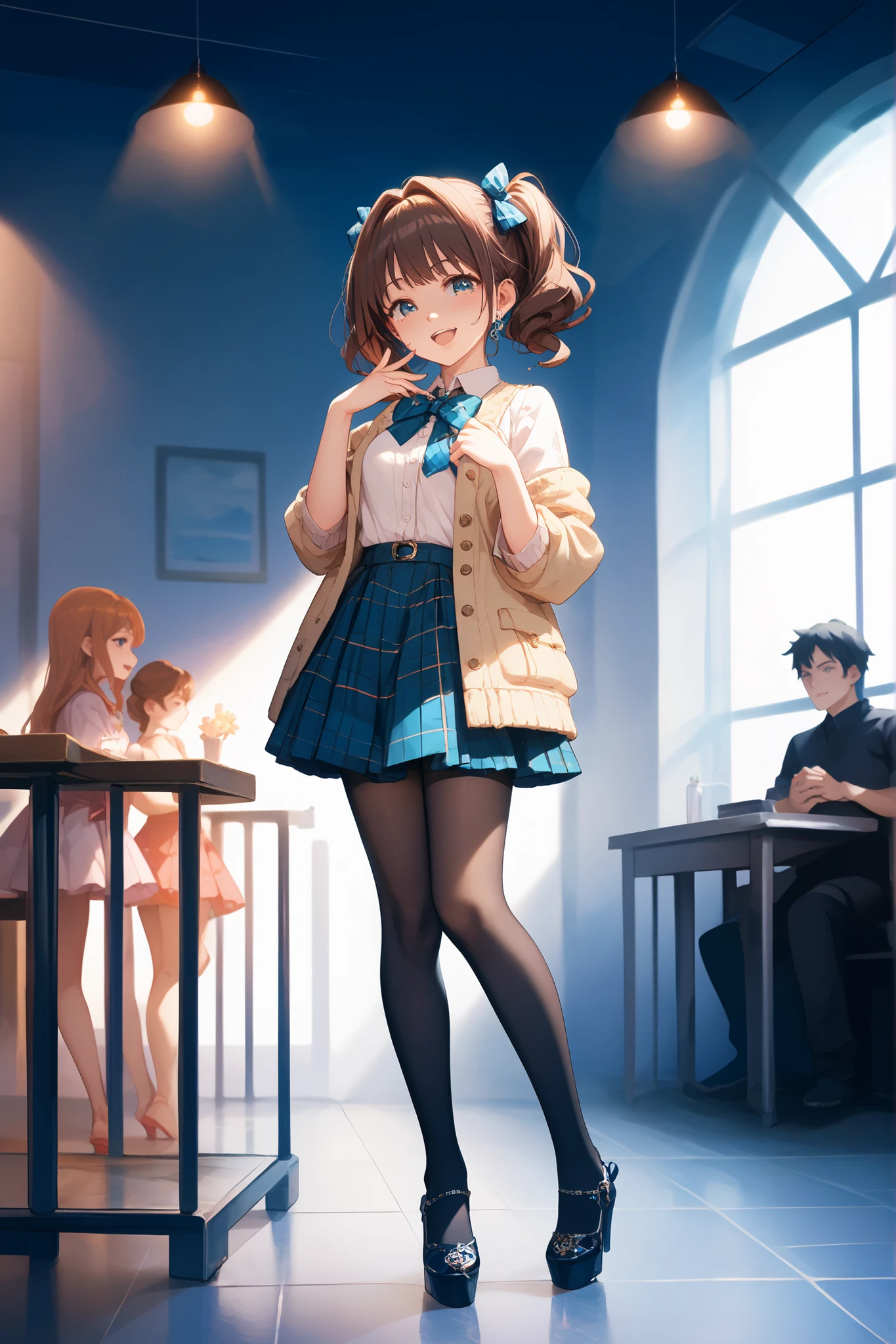 島村卯月、Uzuki Shimamura、((((masterpiece)))), high quality, very_high_resolution, large_filesize, full color,full body,(1 girl),Japanese、A young idol girl with short brown hair , standing under bright stage lights with tears streaming down her cheeks, hands clasped to her chest in overwhelming emotion, a cheering audience in the blurred background, spotlight focused, emotional atmosphere, anime-style