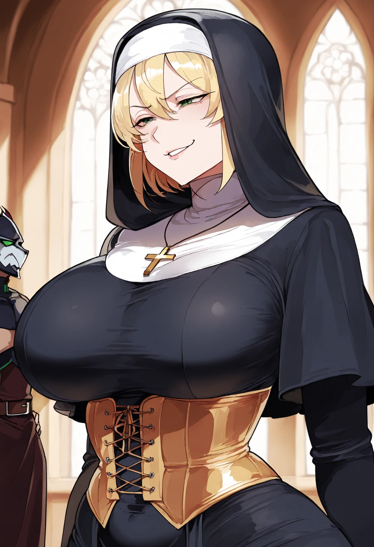 Standing, big breasts, busty, pretty face, thick body, blonde hair, half-closed eyes, smile, exposed armpits, masterpiece, super mass, 4k quality, high detail, elf mother, black nun bandana, lace skirt, cleavage, white tights, sweaty, wet clothes, sheer, lower abdomen succubus, add_detail:1.5