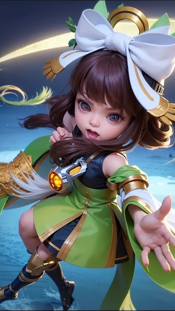 (8k, RAW photo, photorealistic:1.25) ,( lipgloss, eyelashes, gloss-face, glossy skin, best quality, ultra highres, depth of field, chromatic aberration, caustics, Broad lighting, natural shading, looking at viewer with a serene and goddess-like happiness, change from mobile legend game, black hair, red eyes, green ribbon, green kimono outfit, dynamic pose, outer space, relisem, 4k, hd, 1080p.