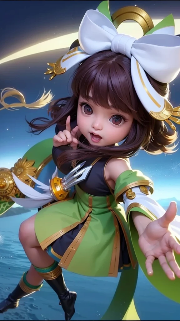 (8k, RAW photo, photorealistic:1.25) ,( lipgloss, eyelashes, gloss-face, glossy skin, best quality, ultra highres, depth of field, chromatic aberration, caustics, Broad lighting, natural shading, looking at viewer with a serene and goddess-like happiness, (8k, RAW photo, photorealistic:1.25) ,( lipgloss, eyelashes, gloss-face, glossy skin, best quality, ultra highres, depth of field, chromatic aberration, caustics, Broad lighting, natural shading, looking at viewer with a serene and goddess-like happiness, change from mobile legend game, brown hair, red eyes, green ribbon, green kimono outfit, dynamic pose, outer space, relisem,