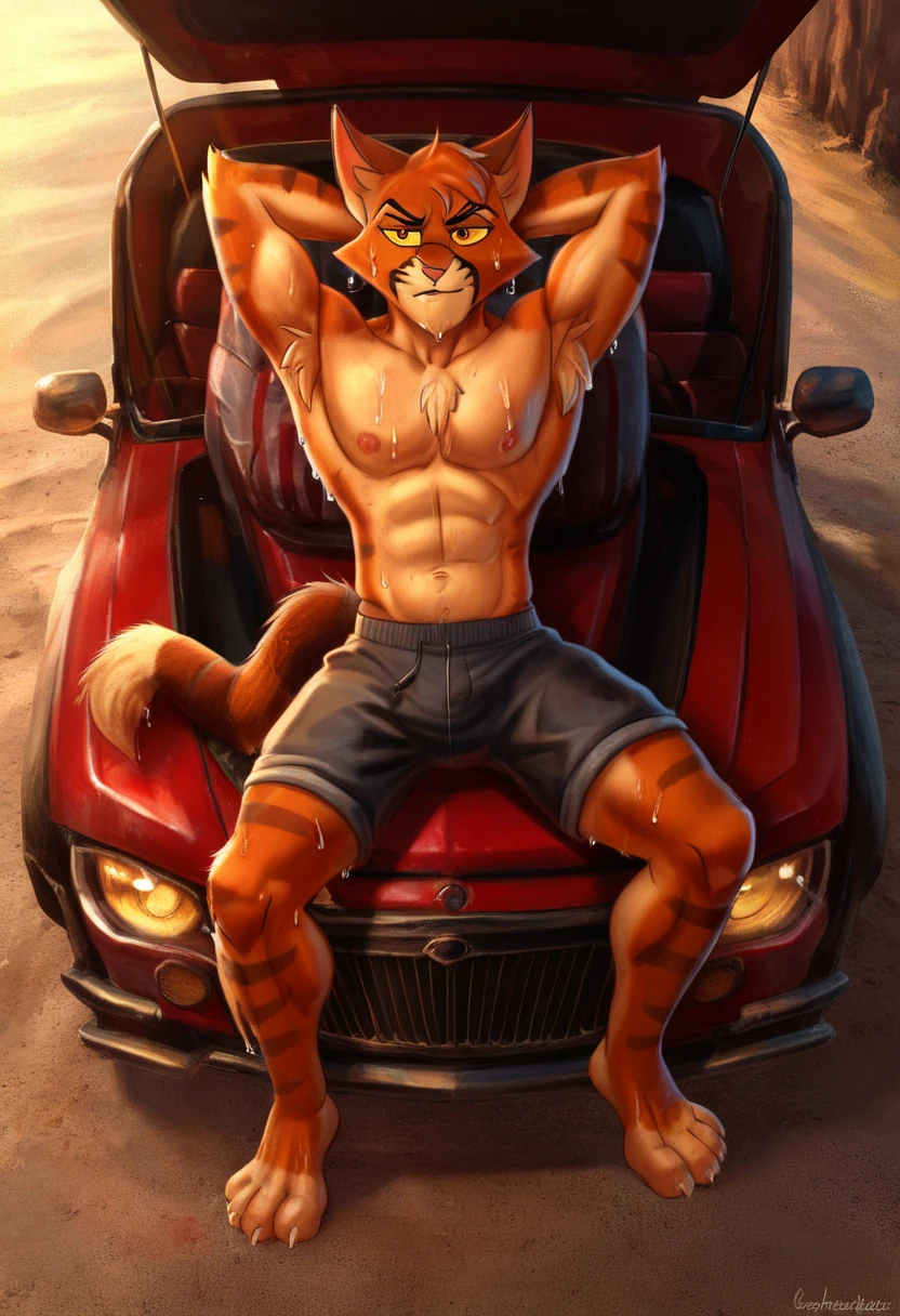 bright red colored bara shark, red skin, large hairy pecs, strong physique, tribal tattoos, scarlet samurai hair in ponytail, cyan colored eyes, black sclera, very muscular, perfect anatomy, scars on body, full body view in frame, nipple piercings, solo, masterpiece, sexy pose, manly pose, beard, strong jaw, thick thighs, giant biceps, huge hairy pecs, muscular, smirking, smug expression, shark tail, standing next to car, posing, arms behind head, custom toyota ae86 trueno white, popup headlights, NUDE, NUDITY, big balls , grin, amazing shading, full body, detailed hands, detailed eyes, detailed face, detailed arms,anthro, muscular, abs, (detailed:1.5), male, near beach, sunset background, amazing composition, golden ratio, detailed background, by meesh, by zackary911, by SligarTheTiger