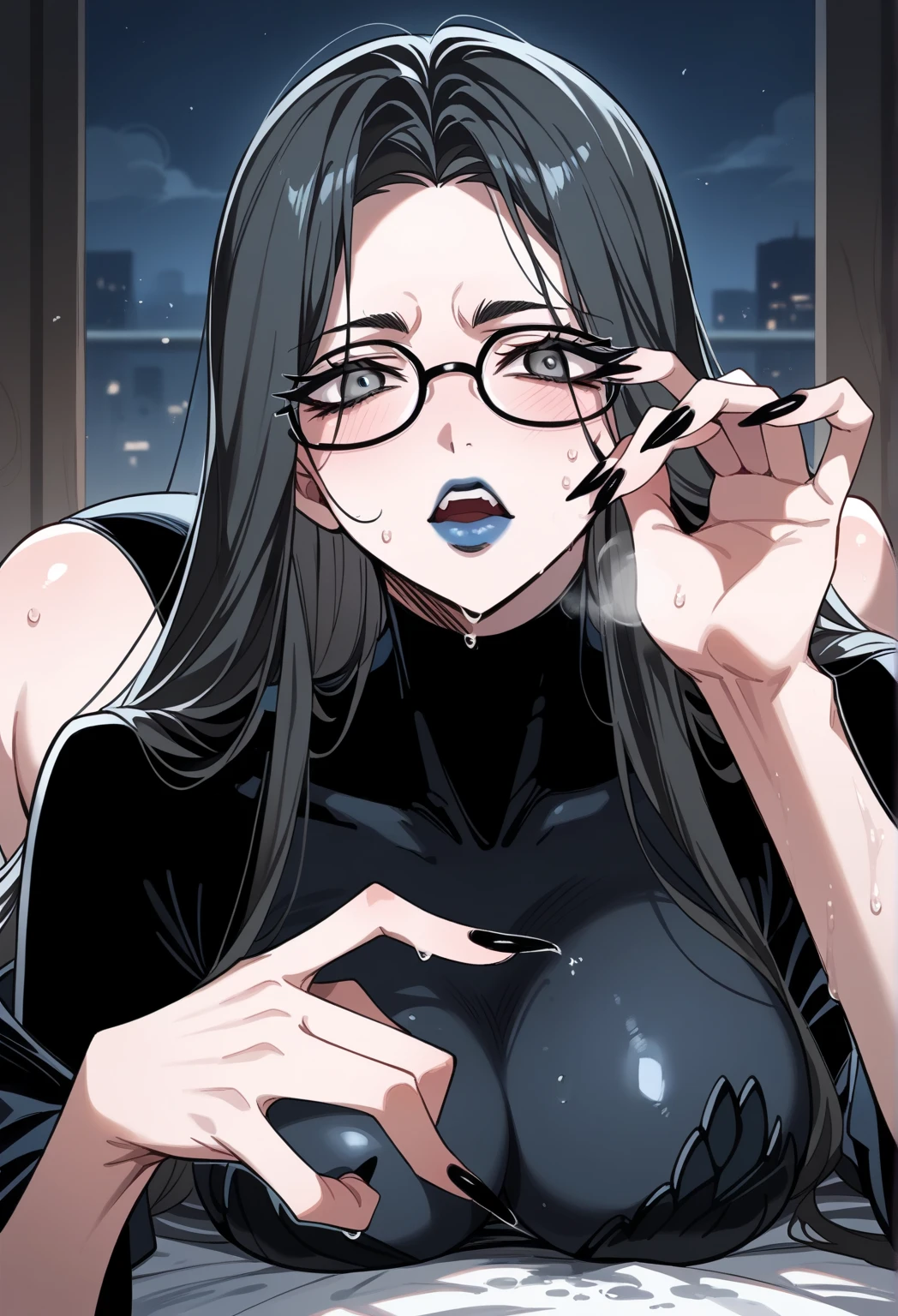 1woman, CARTOON_barbara_ownwaifu,cell Shading,anime coloring, violently torn black tank top, assaulted by a scary man,masterpiece,best quality,.ownwaifu.com,long hair,glasses,red hair,blue eyes,black-framed eyewear,breasts,under-rim eyewear,semi-rimless eyewear, curvy, toned, large breasts, narrow waist, (((she is brutally knocked on the face:1.2))), (((monstrous men punching her cheek:1.2))), (((knocked in the face))), (((assaulted))), pain, (((her cheek is deformed by the violent impact:1.3))), (((strangled woman view:1.2))), (((torn clothes))), (((exposed naked breasts))), (((fast strangling movement effect:1.2))), (((one naked breast:1.2))), (((cameltoe))), (((hugely drooling:1.2)))