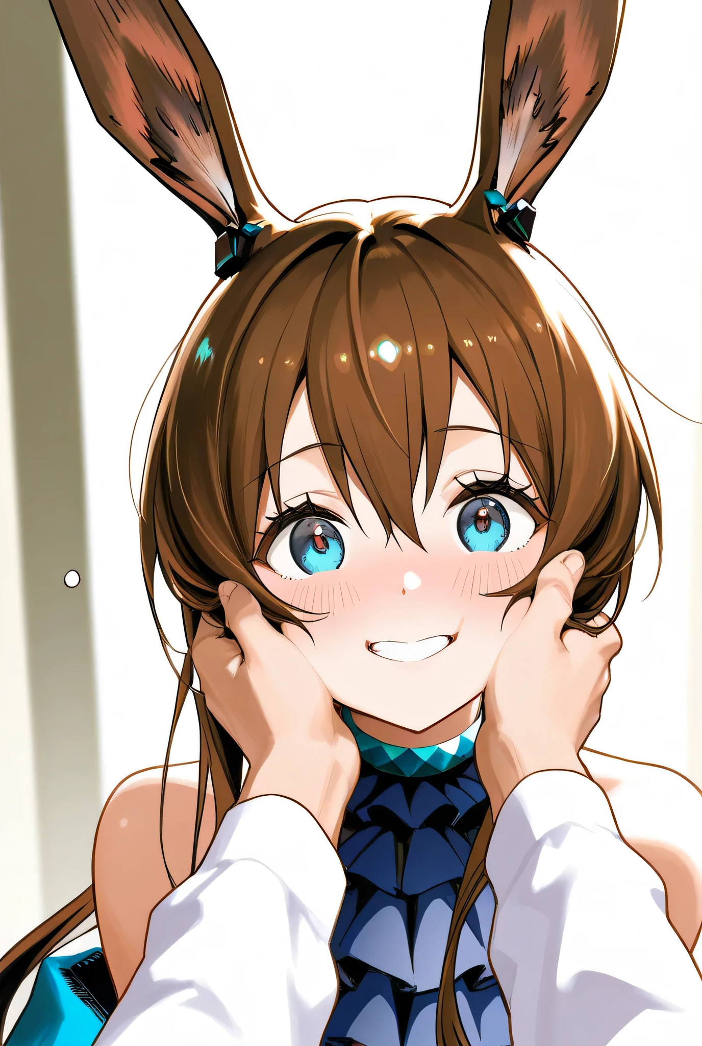 graduate School、(Man&#39;s hand、pats my head)、(Man&#39;s hand、pat your cheek)、Big Smiles、joy、Blush、show teeth and laugh、amiya_\(arknights\), rabbits ears,brown hair,blue eyes,ponytail,masterpiece、High Quality、High Definition