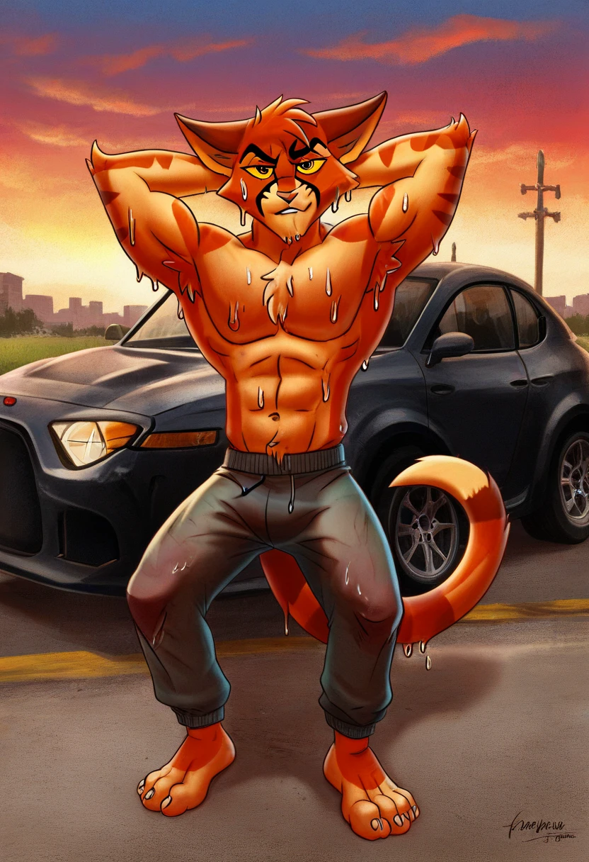 bright red skinned bara shark, large hairy pecs, strong physique, tribal tattoos, scarlet samurai hair in ponytail, cyan colored eyes, black sclera, very muscular, perfect anatomy, scars on body, full body view in frame, nipple piercings, solo, masterpiece, sexy pose, manly pose, beard, strong jaw, thick thighs, giant biceps, huge hairy pecs, muscular, smirking, smug expression, shark tail, laying down on car, legs apart, lying on car, arms behind head, ford mustang, wearing small thong, grin, amazing shading, full body, detailed hands, detailed eyes, detailed face, detailed arms,anthro, muscular, abs, (detailed:1.5), male, background, detailed background, by Angel_lazzu, by zackary911, by SligarTheTiger