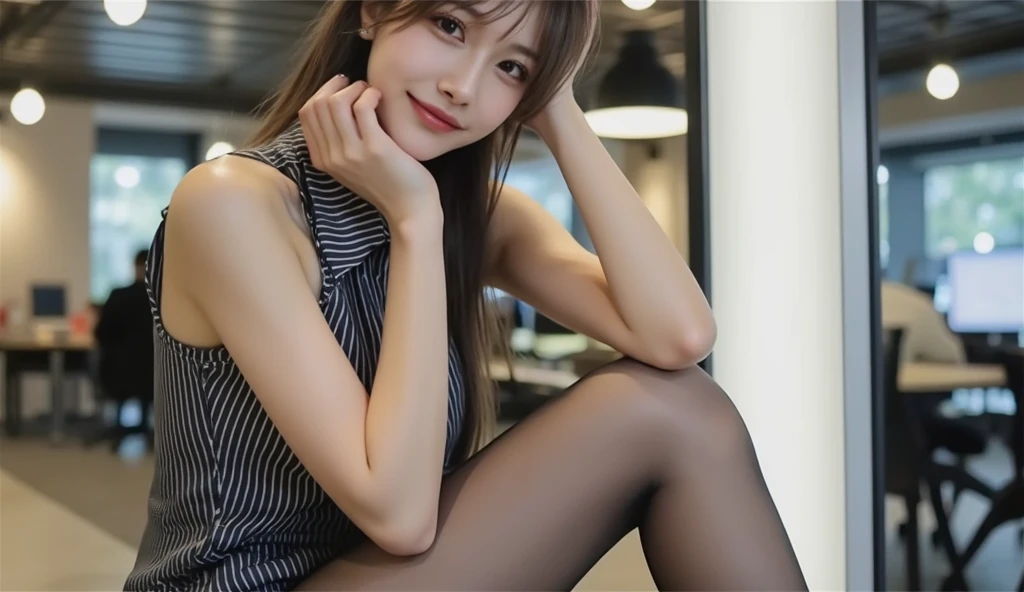 (((masterpiece))), (((Highest quality: 1.4))), ((Very detailed: 1.4)) , ulzzang-6500-v1.1, (RAW Photos:1.2), (Photorealistic), (Genuine:1.4), Sharp focus、Elegant woman sitting cross-legged in a busy street late at night, Korean female fashion model, (Ultra-realistic glossy black pantyhose:1.3)、Very beautiful legs, Cute and elegant pose, Tank top、Shorts、Korean Girls, Graceful smile pose, Very seductive pose, Sexy pose, 全身Cute young woman, Gorgeous Young Korean Woman, Japanese Girls , Photo of slim girl model, Cute young woman、Realistic skin texture、Shiny skin、Bare thighs!!!、