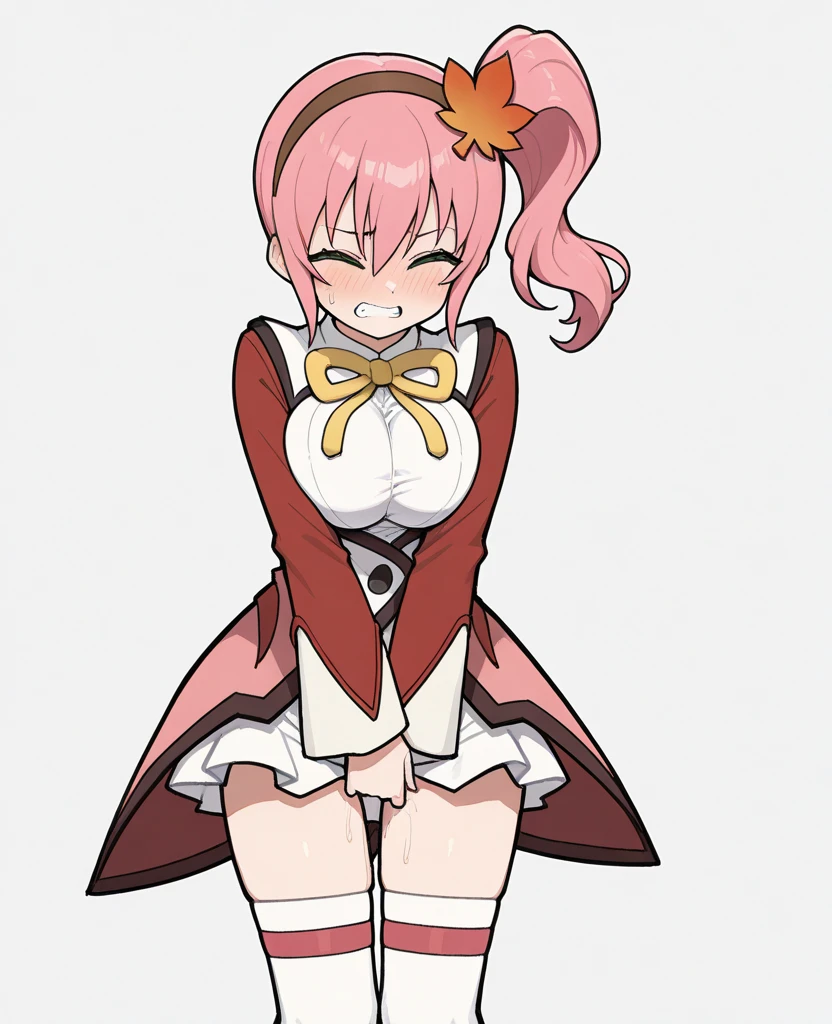 One, 1 girl, I look at the viewer, 2d, anime, anime coloring, whole body, (simple background, Solid white background:1.3), Lefia Virdis, bait, tape, butt skirt, smile, visible panties-shorts, white stockings