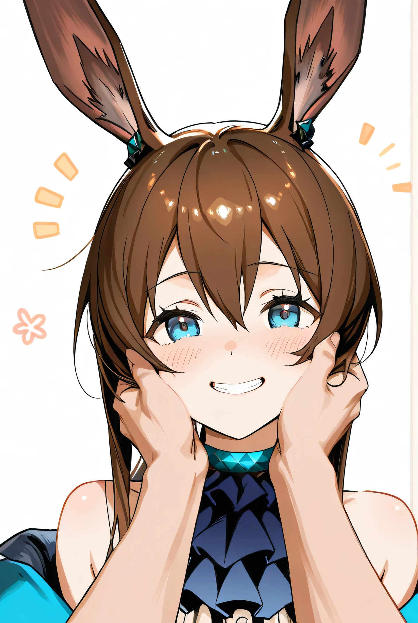 graduate School、(Man&#39;s hand、pats my head)、(Man&#39;s hand、pat your cheek)、Big Smiles、squint and smile、joy、Blush、show teeth and laugh、amiya_\(arknights\), rabbits ears,brown hair,blue eyes,ponytail,masterpiece、High Quality、High Definition