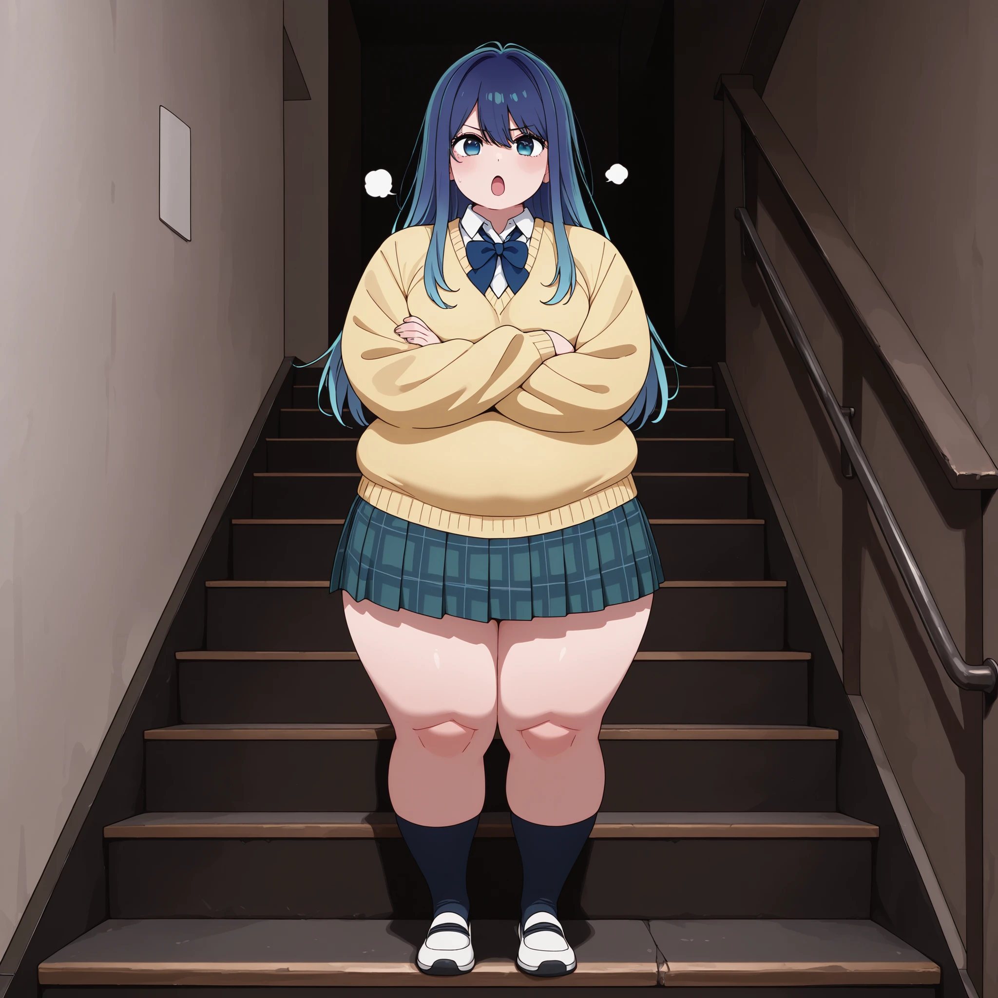 masterpiece, Tops, The newest, SMALL BREASTS, Kurokawa_AKANE_ilxl, Season2 , atuendobase2, 1girl, blue hair, long hair, blue eyes, , school uniform, long sleeves, white shirt, collared shirt, yellow sweater, blue ribbon, neck tape, falda negra, plaid skirt, pleated skirt, Here, warrior, 1girl ,Alone, sighing, cerca del espectador, full body, standing, Looking from the front, sighing, crossed arms, school stairs fat, chubby, obese, gigantic arms and legs, large breasts open mouth, out of breath