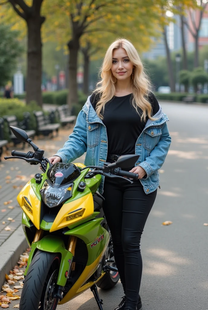 (more detailed, better quality), (dynamic frame, cheerful expression), (bright green eyes, detailed casual outfit and environment), (focus on the girl), ("posing on the motorcycle at night"), blonde hair and green eyes.