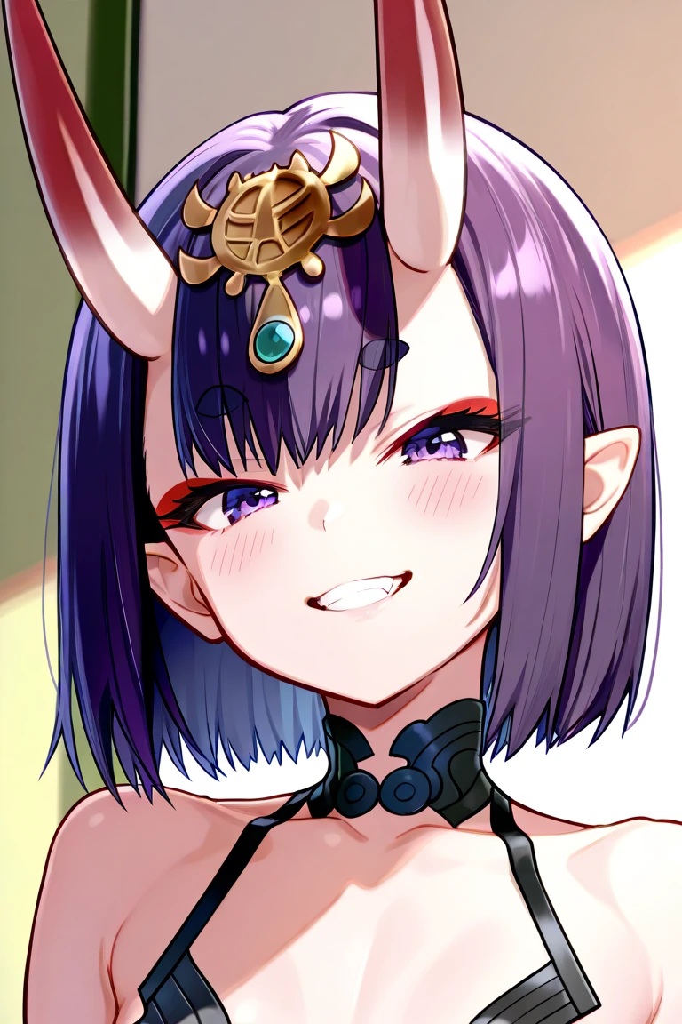 doki doki, demon head sex game - hd adult games adult game hd, hetero, 1girl,, dark-skinned male, penis, horns, oni, 1boy, breasts, dark skin, oni horns, censored, purple eyes, nipples, oral, bar censor, skin-covered horns, fellatio, interracial, male pubic hair, purple hair, cum, short hair, cum in mouth, pubic hair, blush, headpiece, bare shoulders, small breasts, short eyebrows, solo focus, :>=, japanese clothes, bangs, pov, bob cut, makeup, eyeliner
