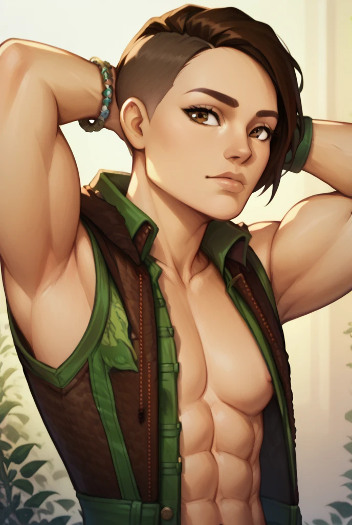 (masterpiece:1.3), (8k, photorealistic, RAW photo, best quality: 1.4), (1girl), ((Nadia)), beautiful face, (realistic face), (black hair, short hair:1.3), beautiful hairstyle, realistic eyes, ((blue eyes)), beautiful detailed eyes, ((Brown Skin)), (realistic skin), beautiful skin, (Height: 155cm, Weight 43kg), (Small bell-shaped breasts), (B79㎝, W58㎝, H83㎝), ((Slender body, Muscular)), absurdres, attractive, ultra high res, ultra realistic, highly detailed, golden ratio, (Accurate hands and fingers), (((Necklace with blue bipyramid gemstone))), (Gold Ring Earrings), ((smile)), NSFW ((Completely naked)), (cowboy shot), BREAK ((Deep in the forest:1.2)), (steam:1.2), ((Front low angle:1.2))