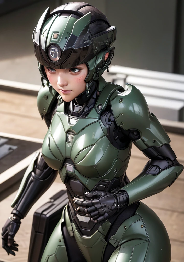 Textured skin, Very detailed, Attention to detail, high quality, 最high quality, High resolution, 1080P, hard disk, beautiful,(War Machine),beautifulサイボーグ女性,Dark Green Mecha Cyborg Girl,Fight,Girl with a mechanical body,、Kindergarten girl Boyish short hair、Sweaty brown eyes、Sweaty face、Expressions of distress Blushing cute Black-haired ((Steam coming from the head)) (Steam coming out of the whole body) Cool pose No skin showing Transformation pose