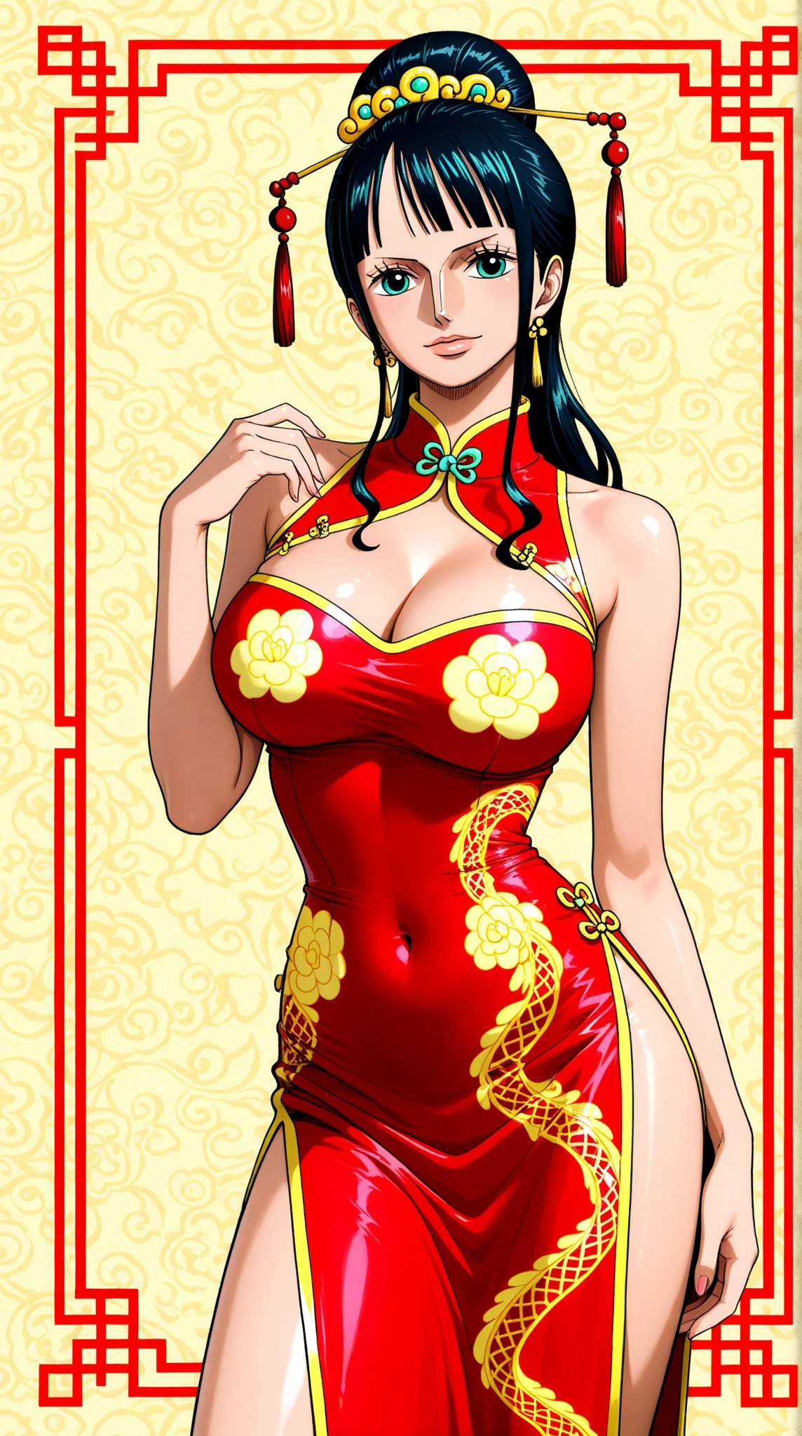 gorgeous oriental woman, black hair in an elaborate hairstyle, elegant embroidered kimono, sakura flower embroidery, gold details, full body shot, cleavage, bare shoulders, standing, large breasts, alchemist, strapless dress, vials
, potions, updo, blank background, white background, lulu, ffx