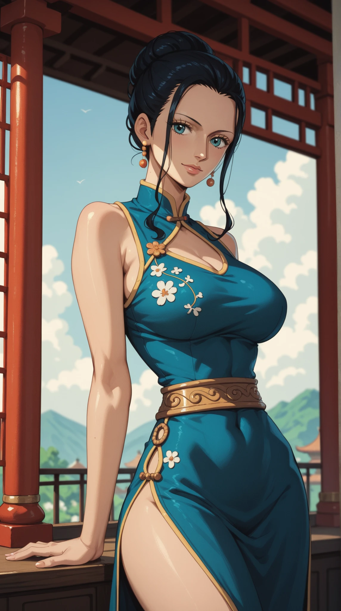 core_9, score_8_up, score_7_up, score_6_up, source anime, boa hancock, 1girl, solo, sitting, blue dress, low twin braids, hair ornament, from above, outdoors, looking at viewer, masterpeice, best quality, aesthetic, little busty , real life
