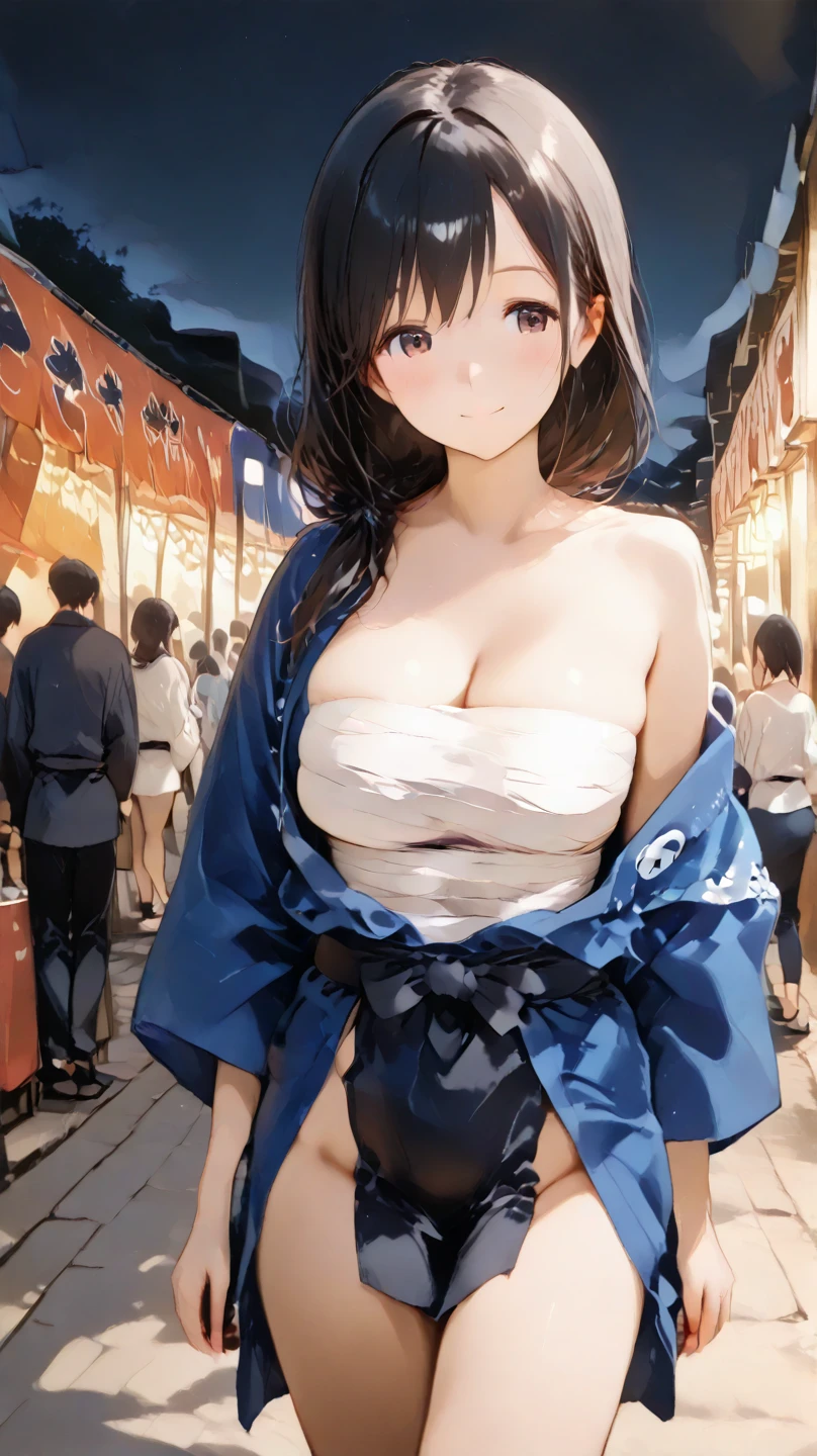 A thin female student with small breasts,nsfw,selfie,I&#39;m with my friends,{I'm smiling a lot},peace sign,large crowd of people,yukata,Festivals