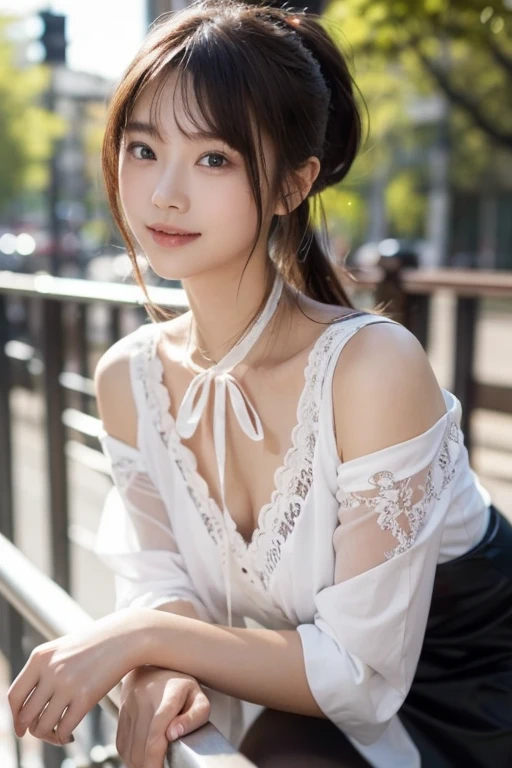 Top quality, 1 beautiful woman, japanese,around 15 years old,Bun Hair,The maid outfit, soft-looking chest,A large and well-shaped chest,Beautiful collarbones,a face asking for a kiss,cute lips, Beautiful eyes,looking up with eyes,staring at me,staring directly,smile towards,Sunlight, at street,accurate structure of the limbs
