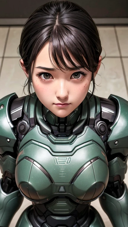 Textured skin, Super detailed, Attention to detail, high quality, 最high quality, High resolution, 1080P, hard disk, beautiful,(War Machine),beautifulサイボーグ女性,Dark Green Mecha Cyborg Girl,battle,Girl with a mechanical body,、Thick eyebrows middle School girls Boyish short hair、Sweaty brown eyes、Sweaty face、Expressions of joy Blushing Open mouth laughing very loud laugh Cute Smile Black-haired ((Steam coming out of the head)) (Steam coming out of the whole body) Cool pose Gloss Sweat flying