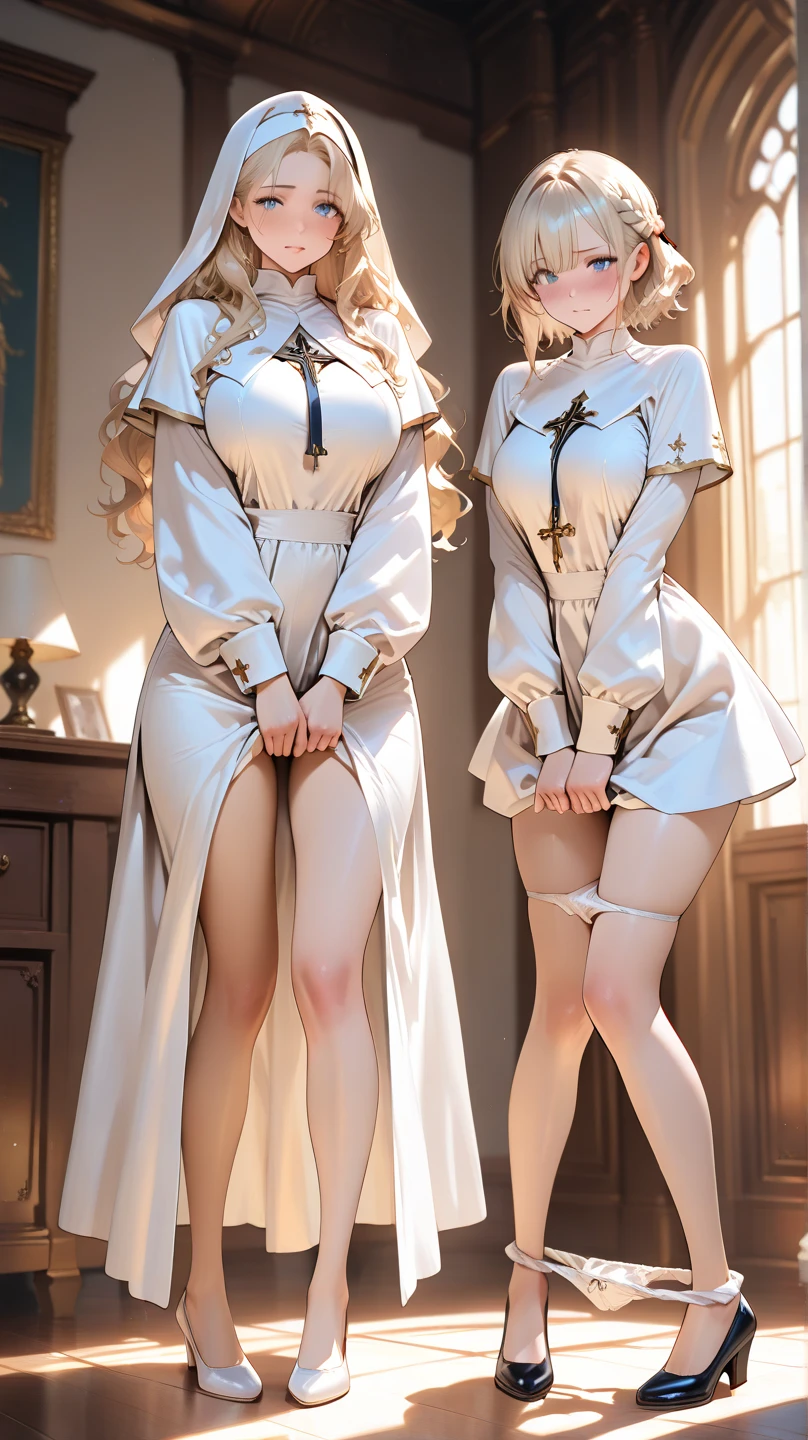 Simple Background、No background、((masterpiece))、Fantasy look、Portrait、Standing posture、Full body photo、Beautiful woman（perfection）、Blonde、Black Hair、White Hair、Long Hair、Straight Hair、fantasy uniform、futuristic 、Open-minded uniform（detailed）、See-through underwear、（Vulgar expressions）、High heels、Big Ass、Accentuated hips、Long skirt、Open crotch、Large Breasts、Disheveled uniform、Nasty uniform、Uniform with exposed chest（detailed）、Exposed breasts、Nipples、（桃色のNipples:1.9）、Exposed breasts、20-year-old