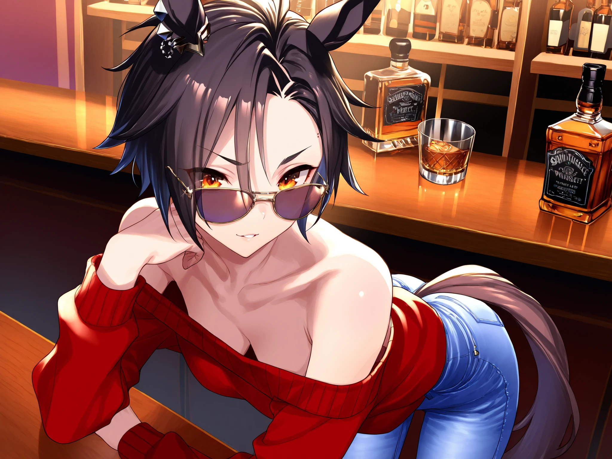 Shakur (Uma Musume)、One person、anatomically correct、Amber Eyes、constricted、beautiful and perfect face、masterpiece、piercings、off-the-shoulder sweater、 skinny long jeans 、sunglasses、whiskey、bar counter、top quality、ultra-high precision、high definition CG unit wallpaper